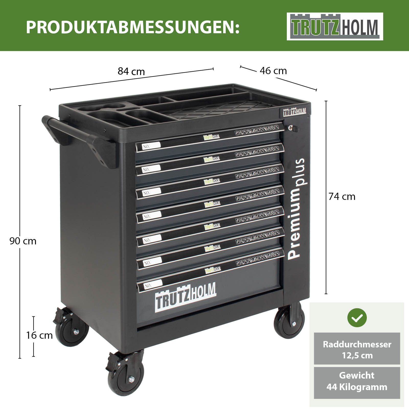 TRUTZHOLM Werkstattwagen Premium Plus XXL unbestückt 84 x 74 Seitentür 7 Schubladen, auf Rollen, 254-tlg. Werkzeugset, Antirutschmatten, Stahl