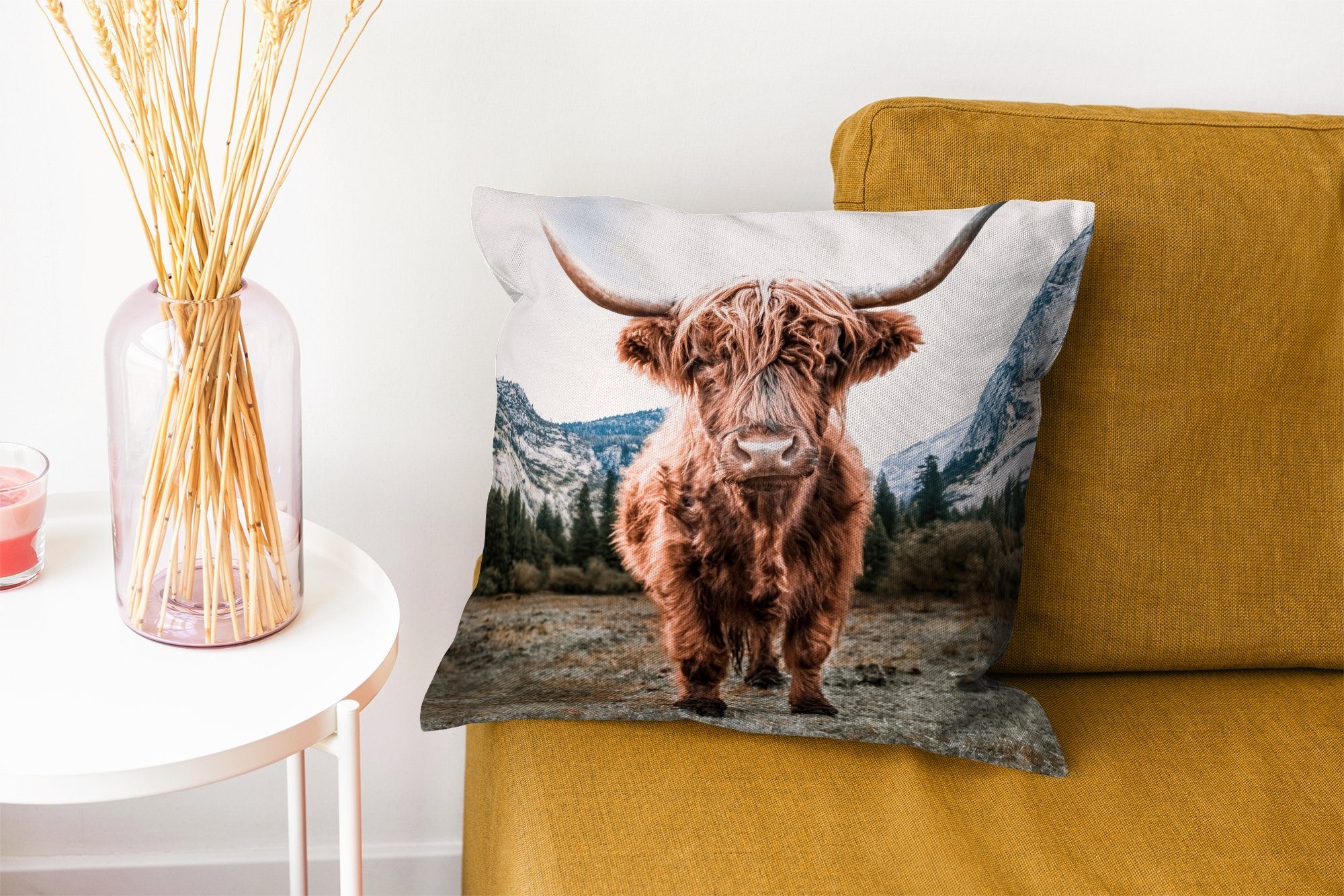 Wohzimmer, Füllung für Berg Dekokissen Zierkissen Sofakissen Tiere, - Schottischer Deko, mit - Highlander MuchoWow Schlafzimmer,