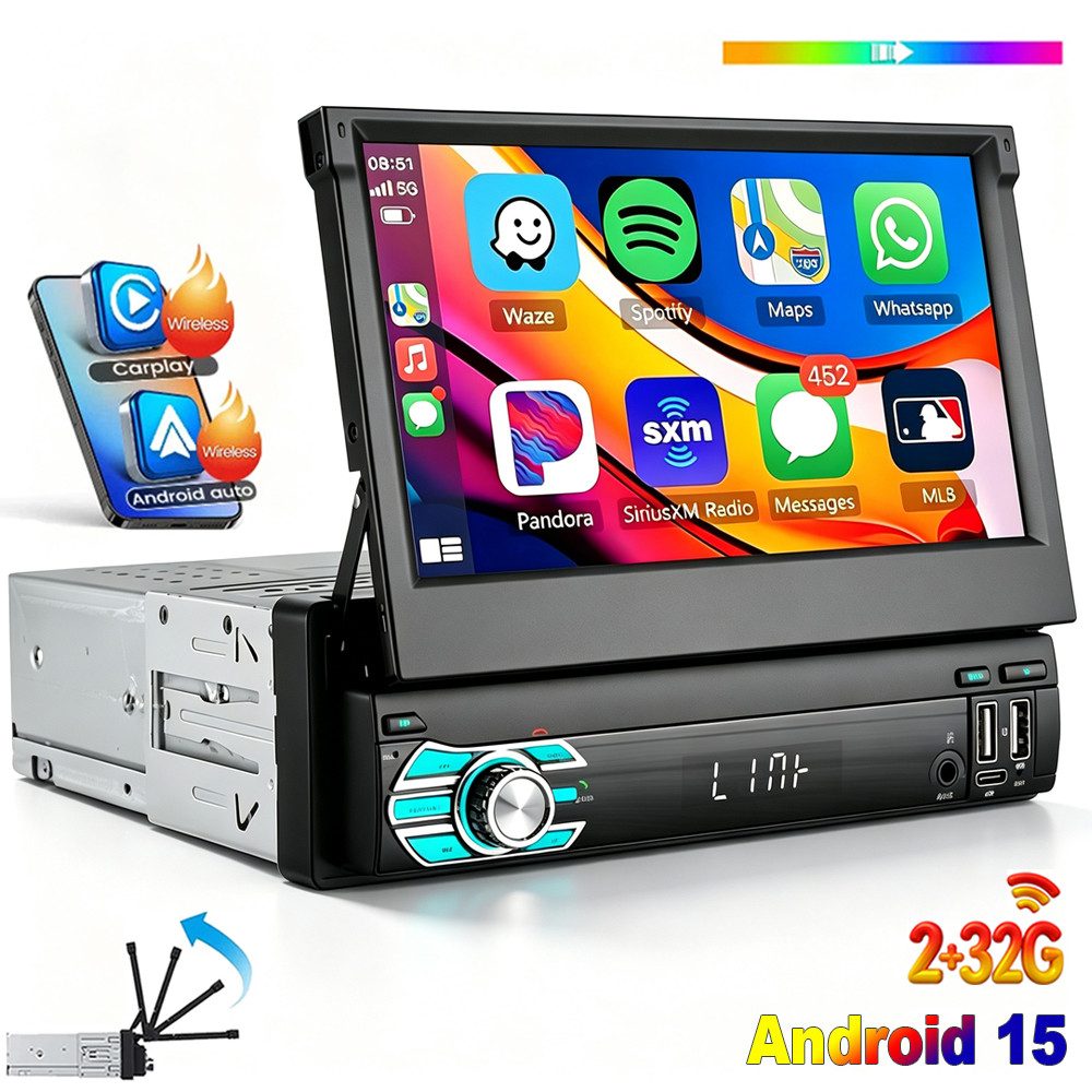 ESSGOO DAB+ 4+64G 1 DIN 7 Zoll Flip Out Android 15 Carplay Autoradio GPS WIFI Navigationsgerät (Apple Carplay Android Auto GPS Navi WIFI BT EQ)