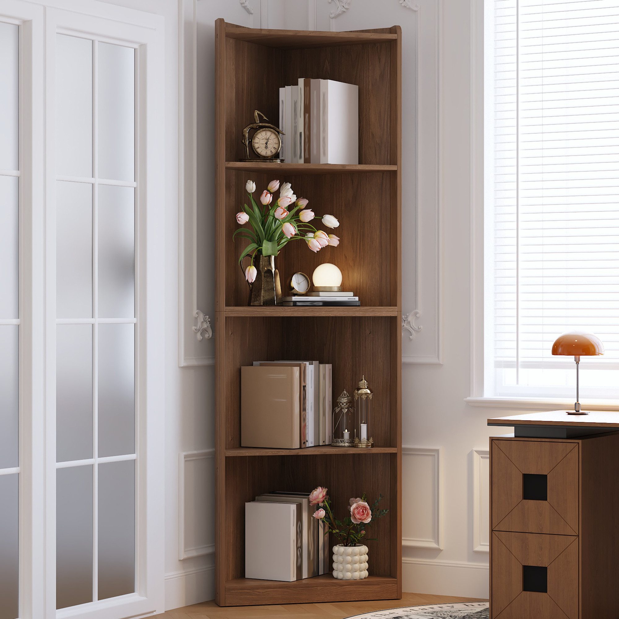 ibettertec Bücherregal Eck-Bücherregal–55×32×180 cm,hohes Standregal aus MDF in Walnussoptik, mit Kippschutz, platzsparender Eck-Hochschrank für Wohnzimmer & Küche-Vitrine, Bücherregal