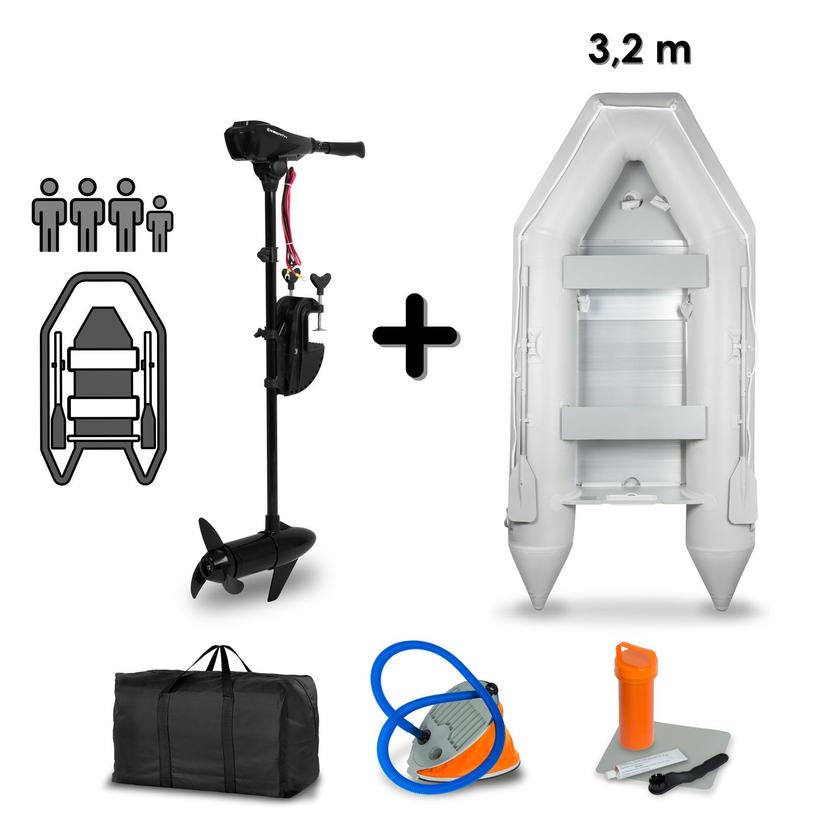 EBERTH Elektroboot Schlauchboot mit Motor, 4+1 Personen, 60 LBS Schubkraft, Angelboot mit Elektro Außenborder, Sitzbänke