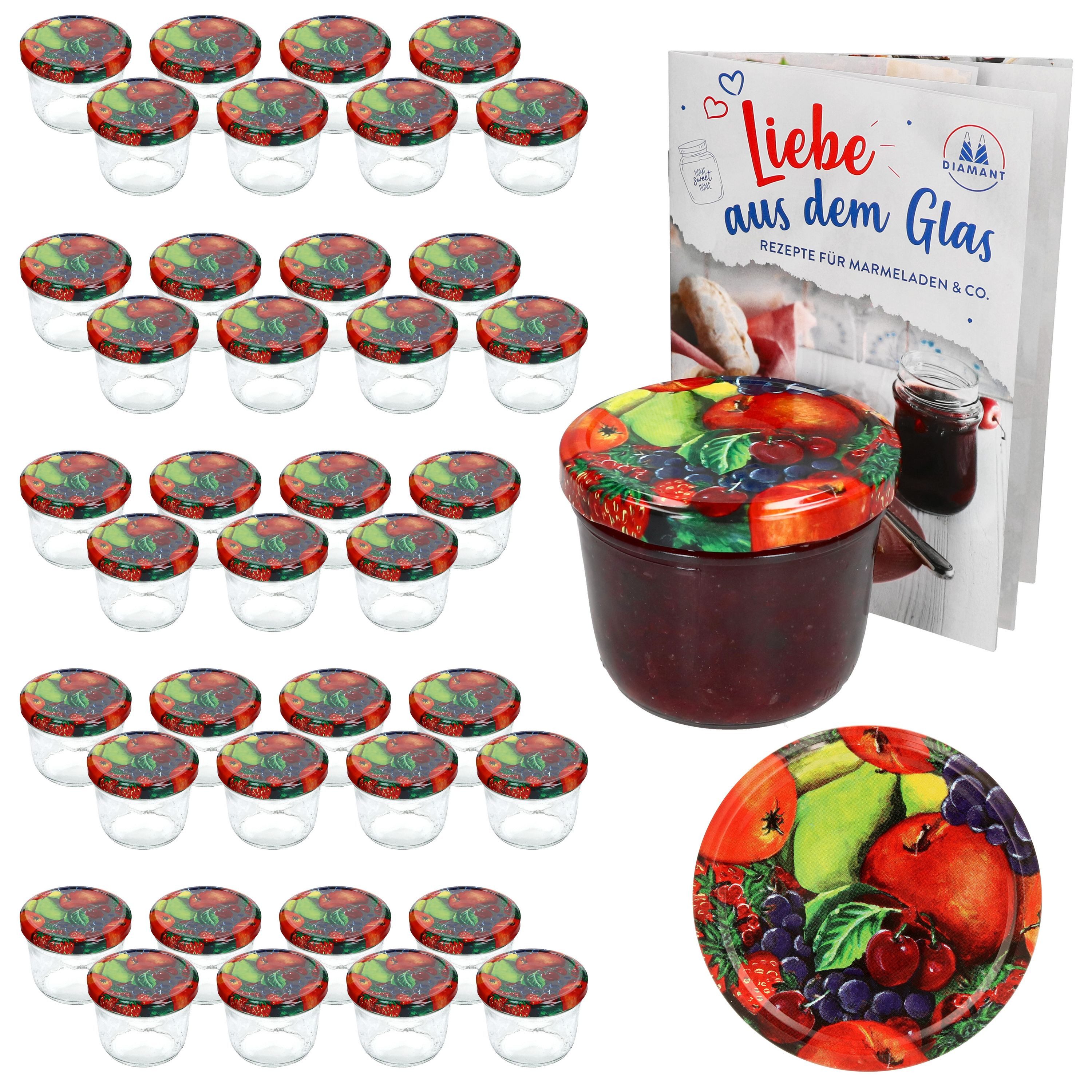 Einmachglas 40er Set Sturzglas 230 ml mit Obst Dekor Deckel