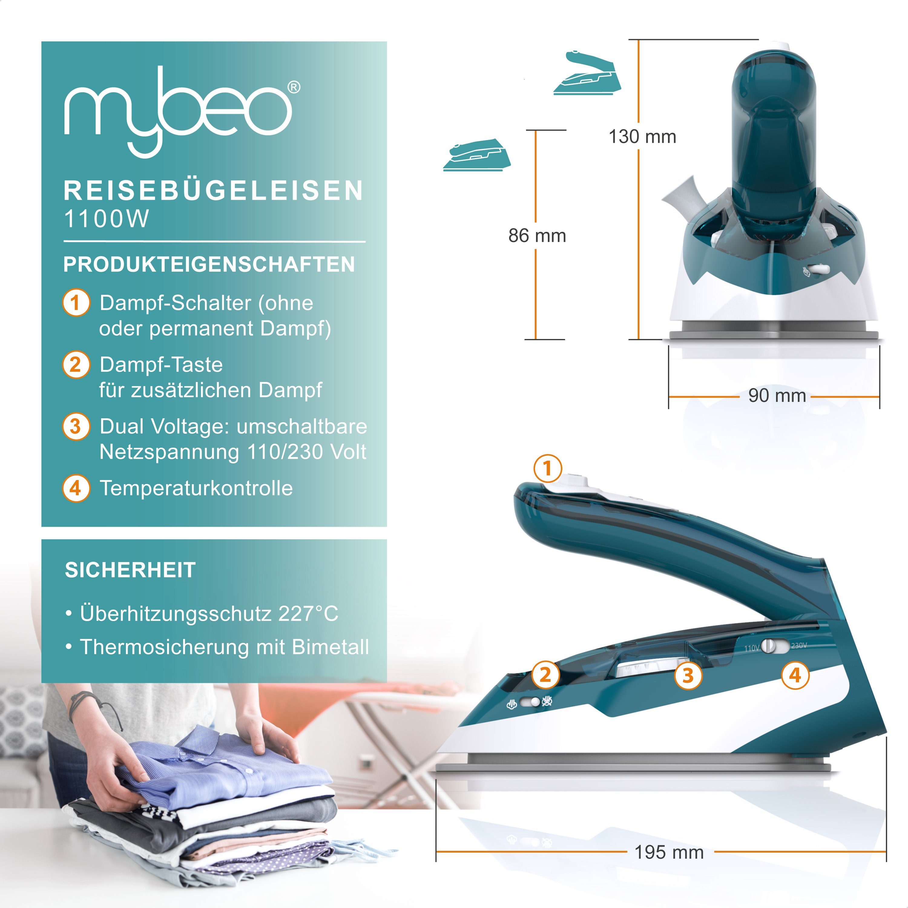 MyBeo Reise-Dampfbügeleisen faltbares Dampf Bügeleisen, Antihaft Edelstahl Bügelsohle & Dampfstoß, klein und leicht, 1100 W, Dual-Voltage 110/230V