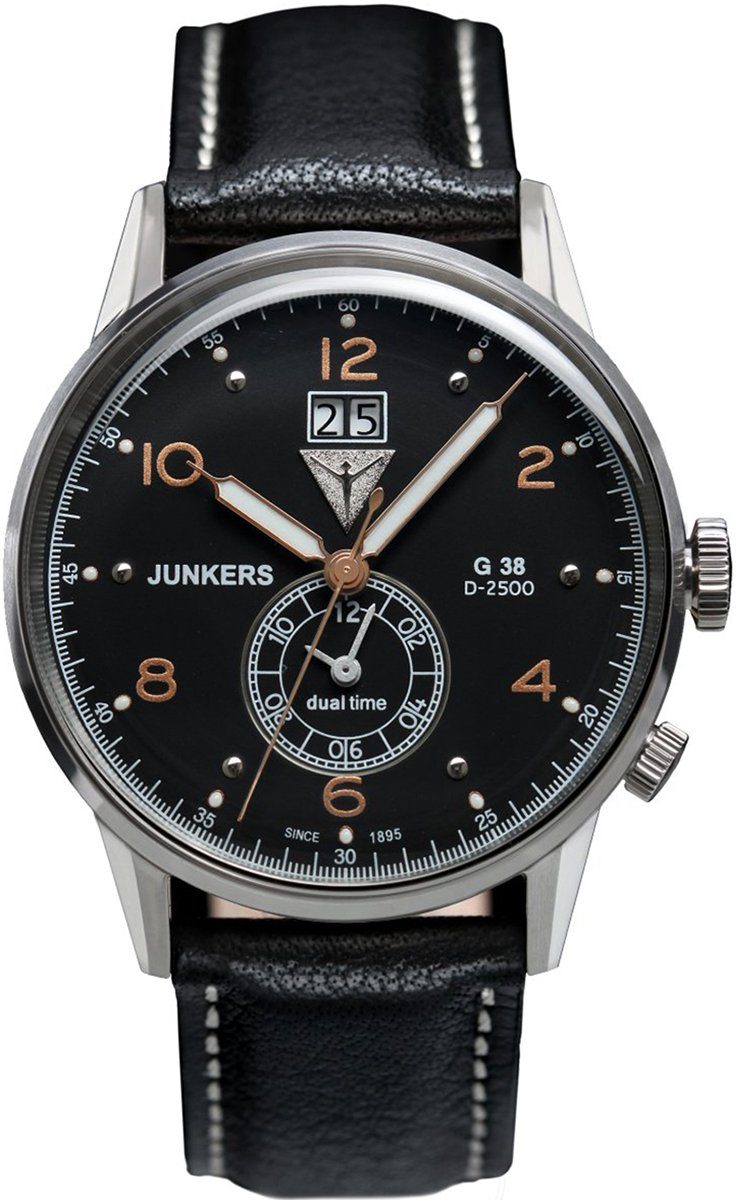 Junkers-Uhren Quarzuhr Junkers Herren Uhr Elegant 6940-5 Leder, (Analoguhr), Herren Armbanduhr rund, Lederarmband schwarz, Elegant