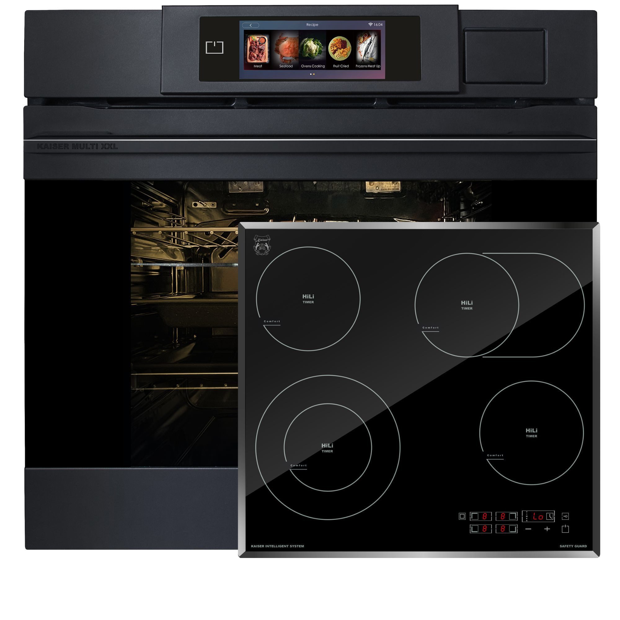 Kaiser Küchengeräte Backofen-Set Herd Set Autark XXL Multi 37,Multifunktions-Elektro-Dampfbackofen mit Dampfreinigung, 60 cm+High Light Glaskeramik Kochfeld 60cm Schwarz glas Facettenschliff-Kanten EH 6341+KCT 6115 F, mit 1-fach-Teleskopauszug