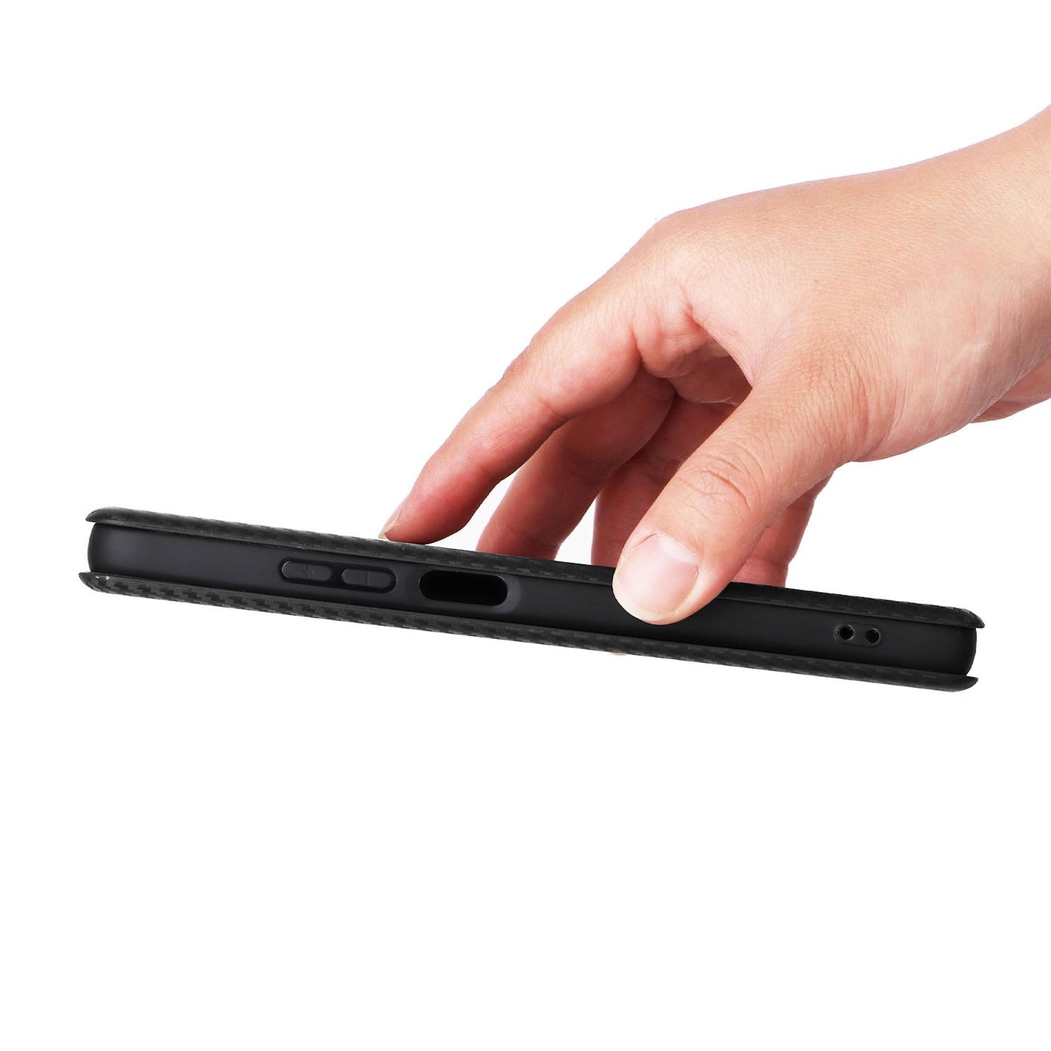 Wigento Smartphone-Hülle für Motorola Moto G06 4G / G06 Power 4G Carbon Textur Flip Kunstleder, Carbon Faser Flip Schutzhülle mit Kartenfach und Ständer