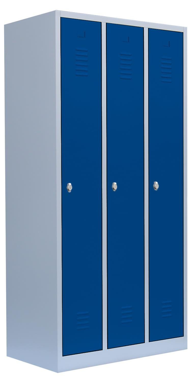Steelboxx Spind Lüllmann® Türen: RAL Abteile, (1-St) 3 5010 x Komplett keine Lichtgrau/ x RAL 500 Garderobenschrank, | Enzianblau montiert- 885 7035 Lichtgrau 1800 Korpus: erforderlich verschweißt Montage mm und
