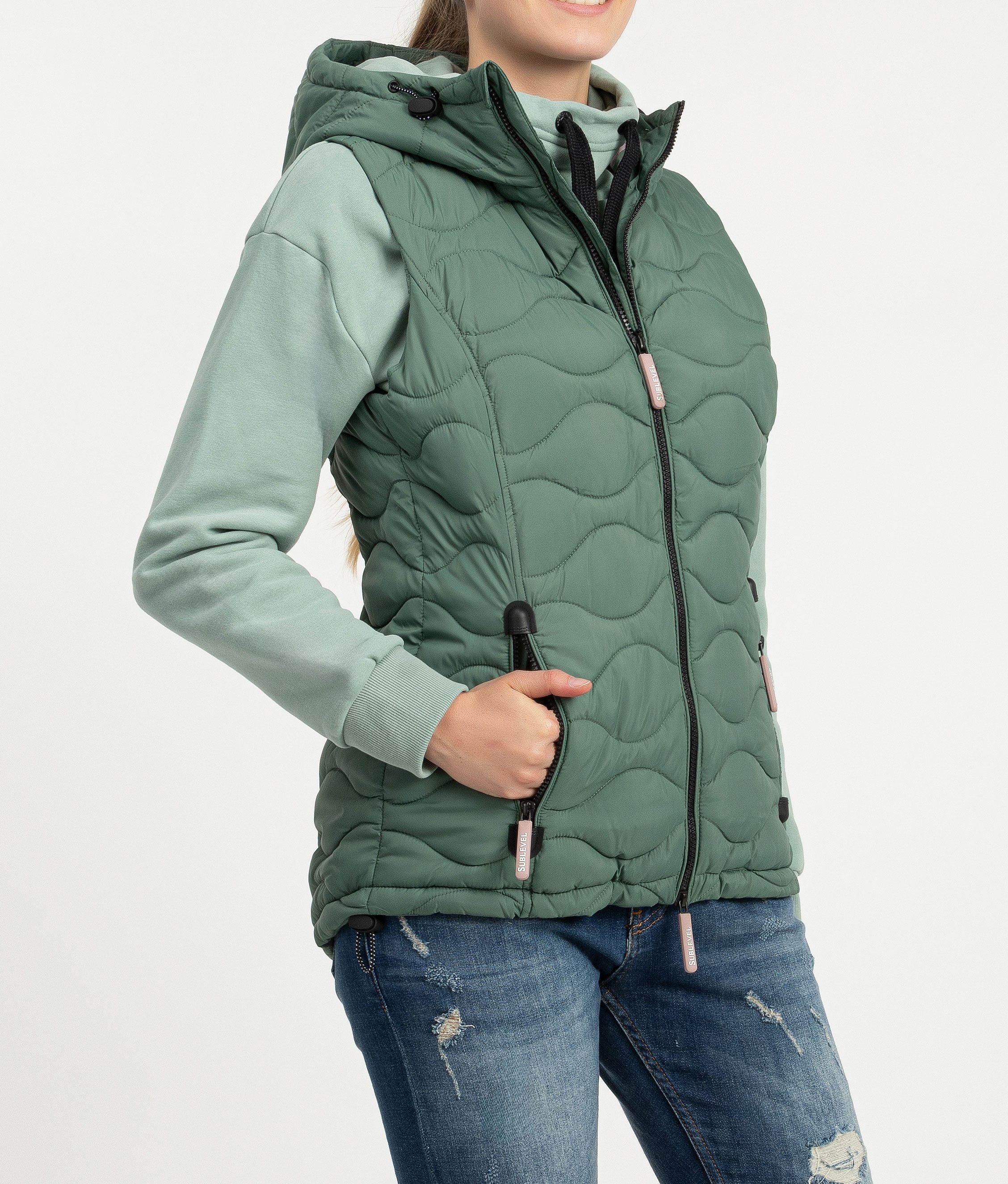 SUBLEVEL Steppweste Damen mit Kapuze Waistcoat Bodywarmer Waistcoat kurze W günstig online kaufen