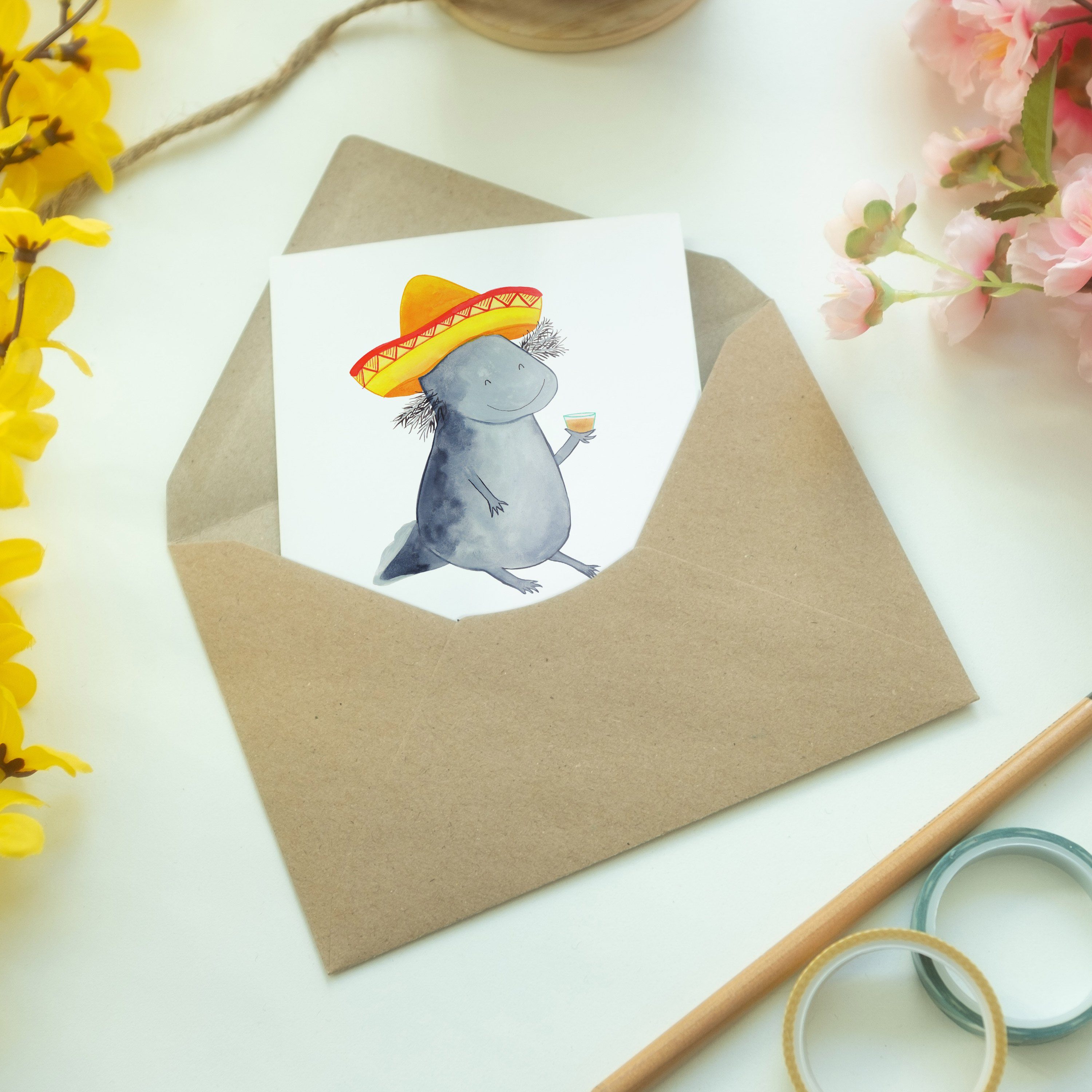 Mr. & Mrs. Panda Grußkarte Geschenk, - Einladungskarte, - Tequila Klappkarte Axolotl Karte, Weiß