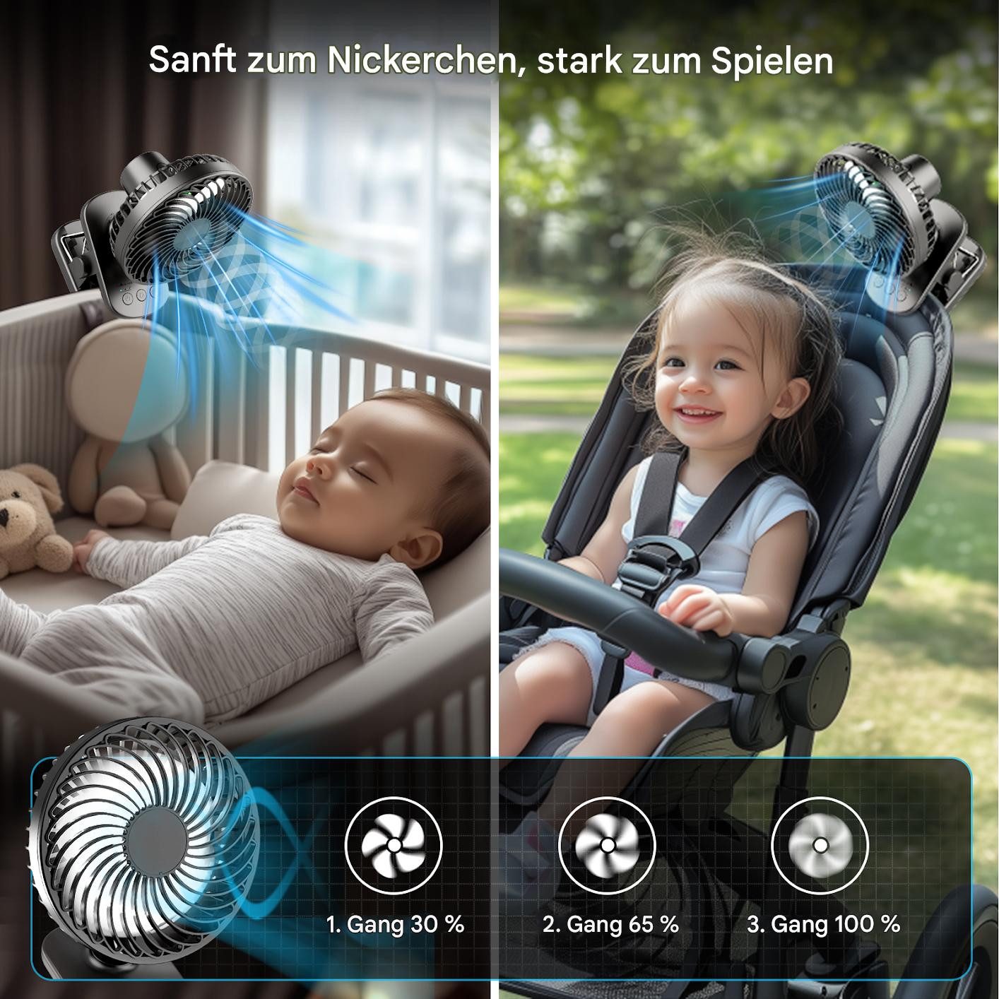 ATEROLL Tischventilator Tragbarer Ventilator,Timerfunktion,3 Geschwindigkeits,mit Nachtlicht, Taillen-Clip-Ventilator Dimmer Einhängbar,360° Drehung Auto-ventilator
