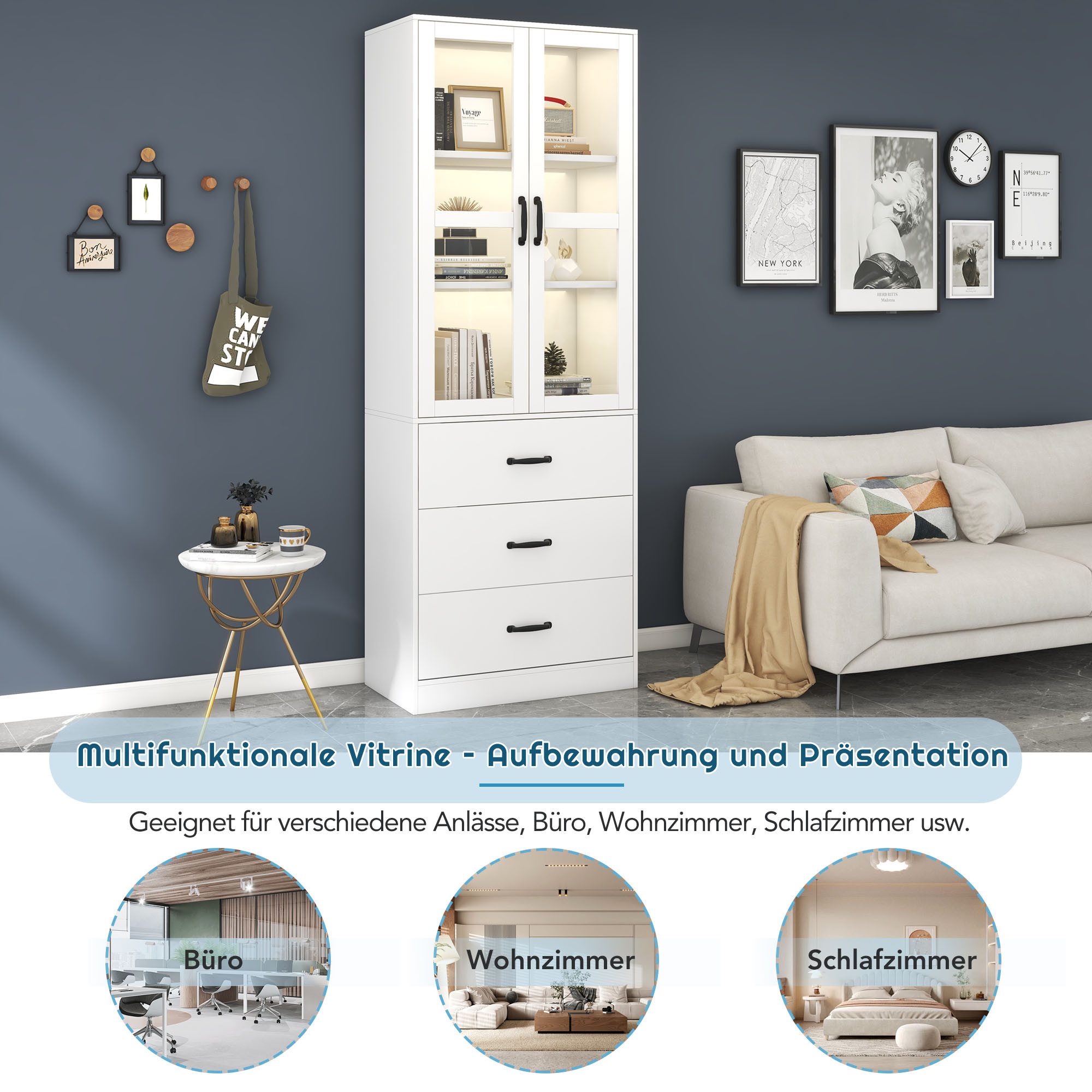 STILVORA Vitrine mit Schubladen,Standvitrine Hochschrank mit Glastüren&LED-Beleuchtung (mit LED-Beleuchtung, 1-St., Standvitrine mit 3 Schubladen und 2 beweglichen Trennwänden) Stauraumvitrine mit Glastüren und verstellbaren Einlegeböden