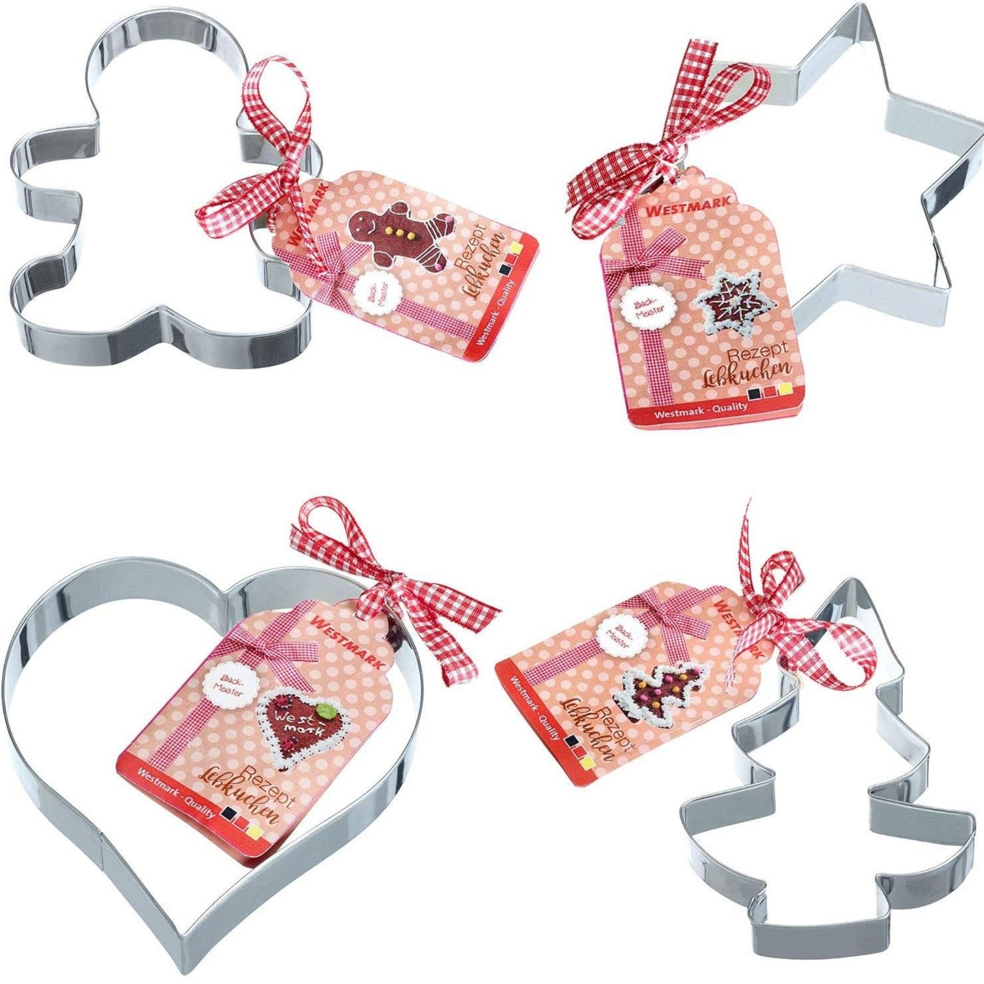 WESTMARK Ausstechform Set für Lebkuchen, 4-tlg., 4 unterschiedliche Motive, Inklusive Rezept, Edelstahl, Schneidkante