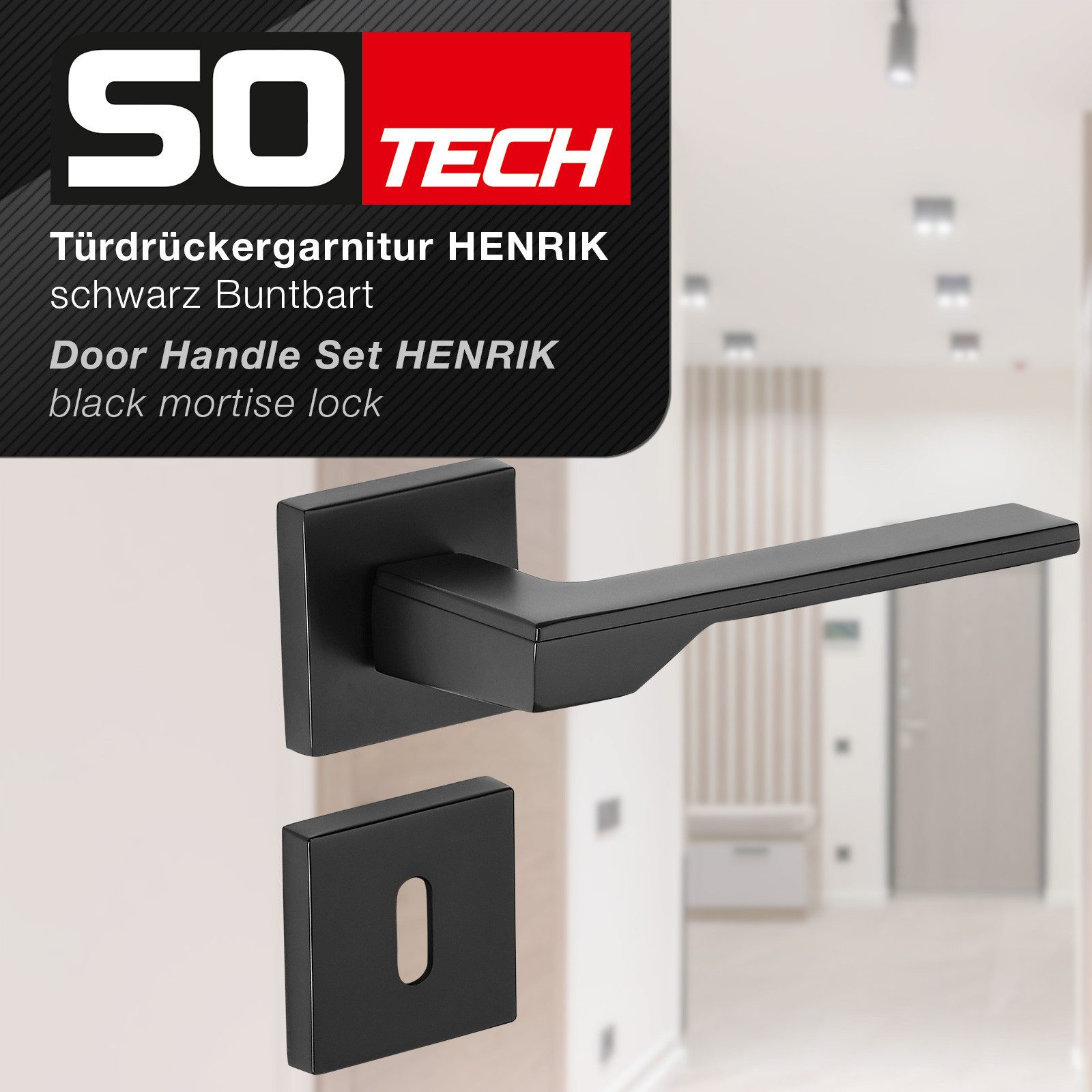 SO-TECH® Drückergarnitur Türdrücker HENRIK Aluguss schwarz inkl. Befestigungsmaterial, Spar-Set, 1-tlg., mit Papier-Bohrschablone, mit BB-Rosetten - Buntbart fü – Bild 2 von 5