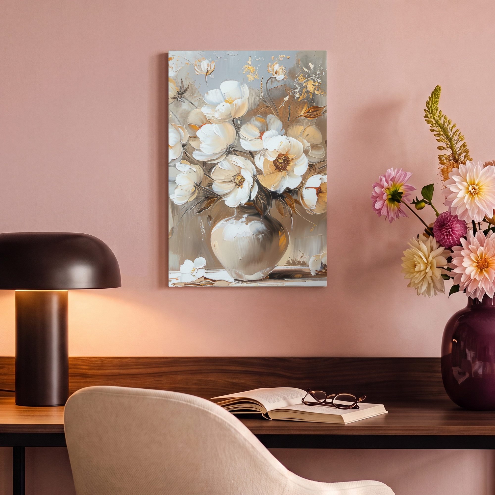 OneMillionCanvasses® Leinwandbild Vase - Blumen - Kunst - Gold, Fotodruck (1 St), Leinwand Canvas Wandbild, Wanddekoration 20x30 cm – Bild 4 von 5