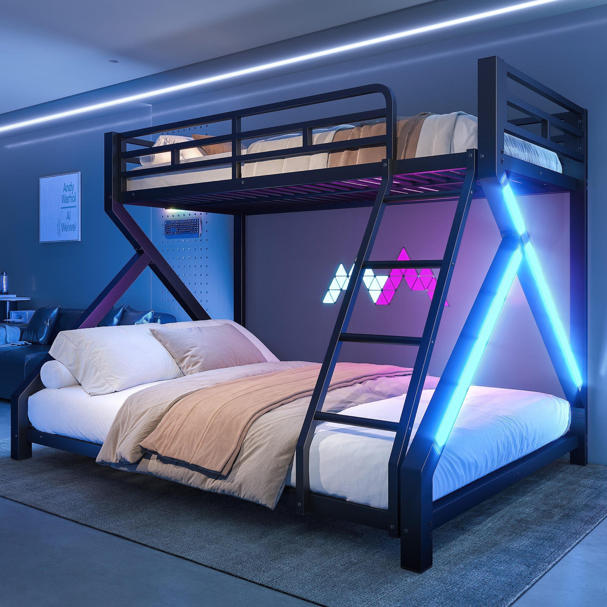 Flieks Etagenbett, Kinderbett Metallbett 90/140x200cm mit LED-Lichtleiste Schrägleiter