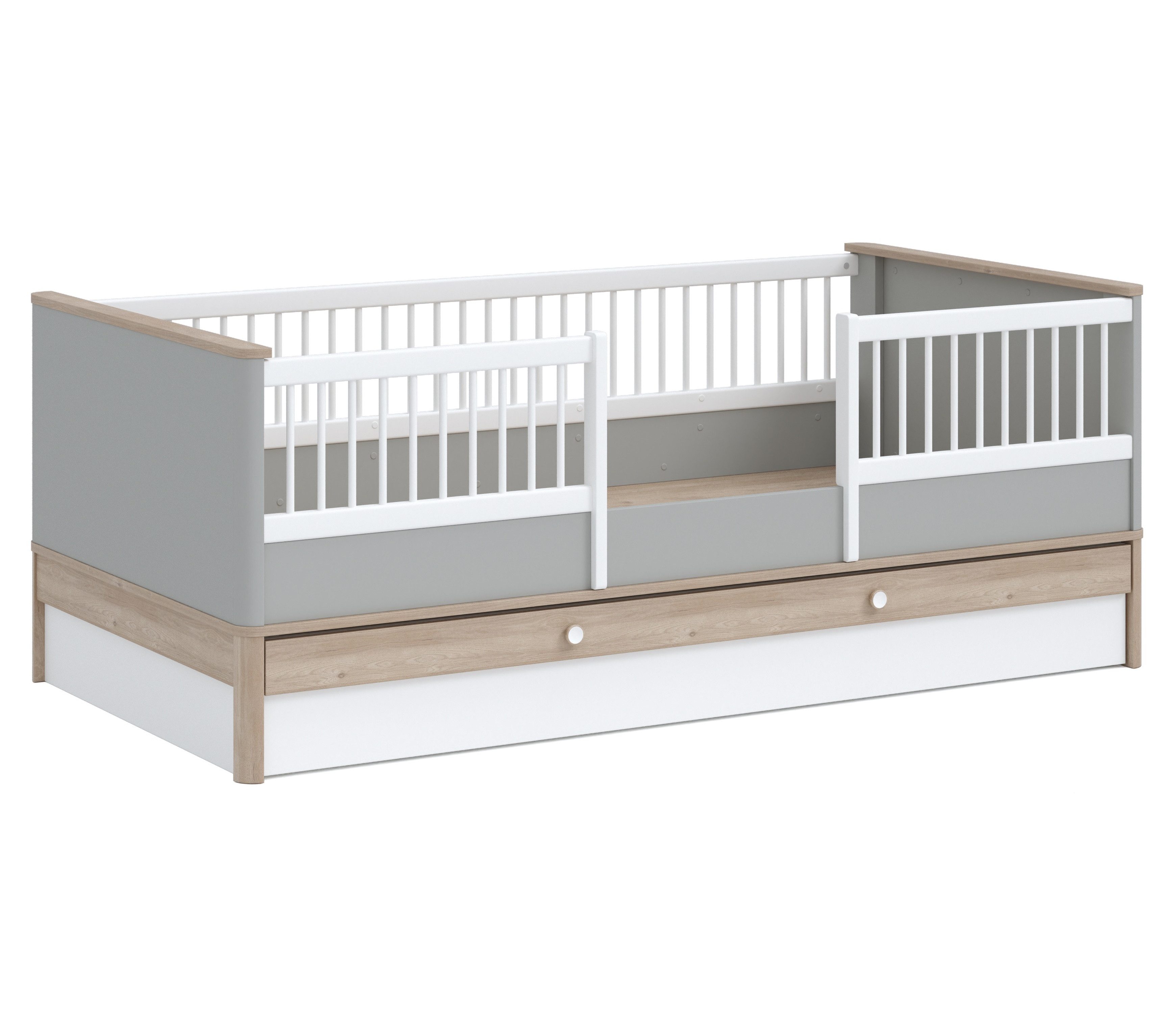 Möbel-Zeit Kinderbett BONO GREY 100x200 cm Weiß-Grau-Natur mit Schublade & Absturzsicherung