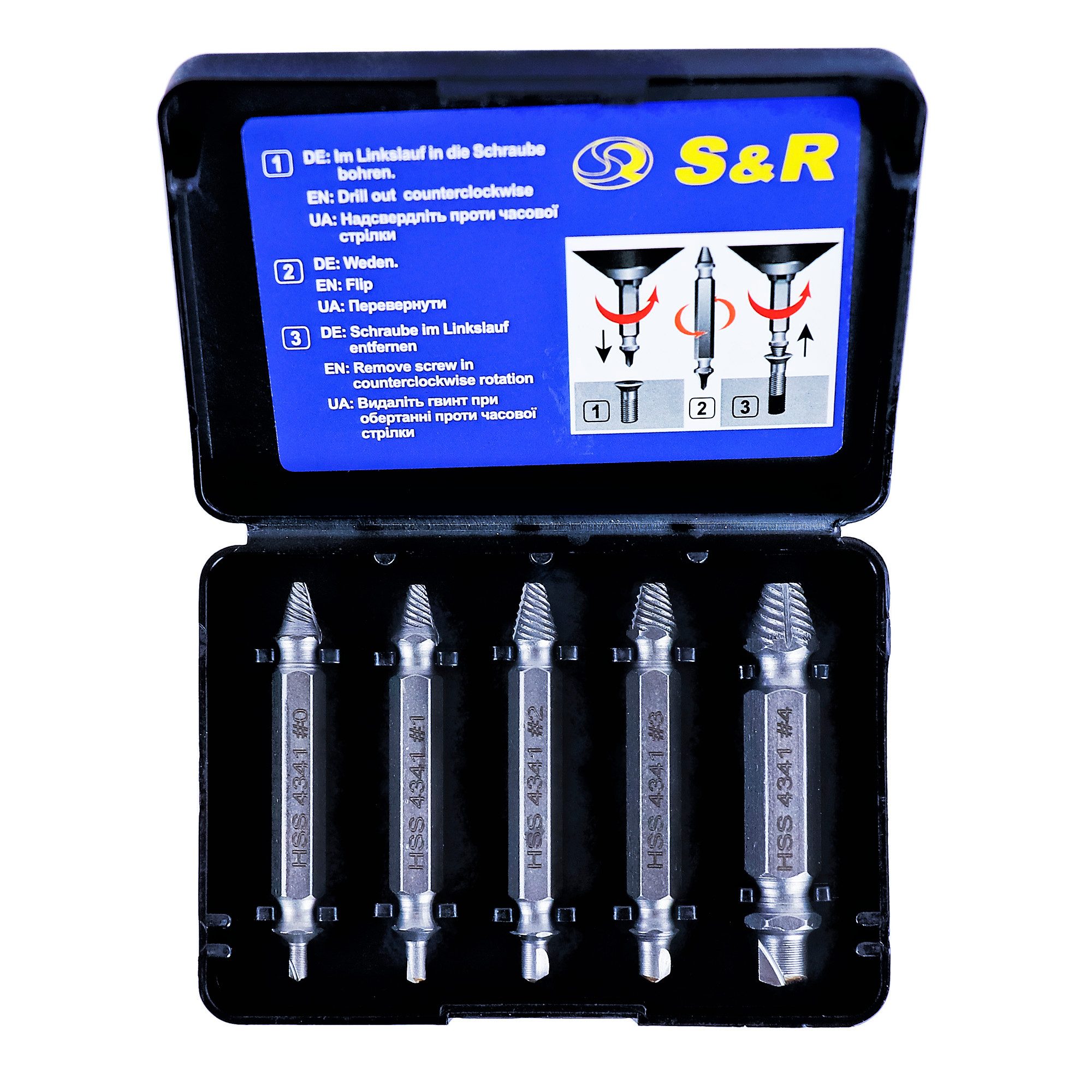 S&R Bit-Schraubendreher Schraubenausdreher-Set, Linksausdreher, doppelseitige Ausdreher-Bits, (Set, 5 St., 5-teilig), Härte HRC 62-63, HSS 4341, in robuster Kunststoff-BoX