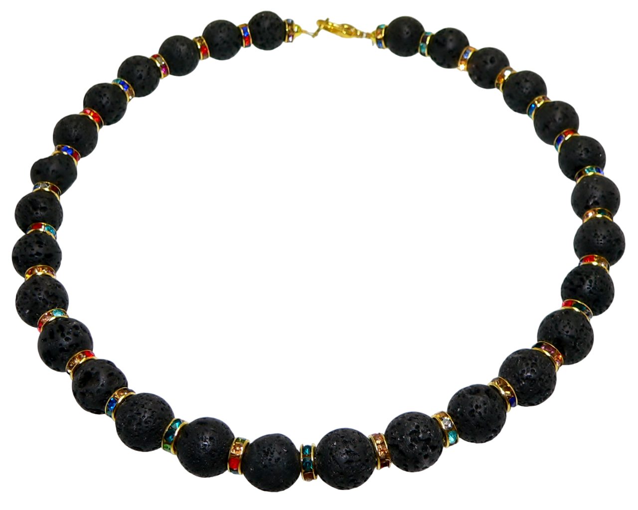 traumschmuck Perlenkette 194f Halskette Collier Lavaperle schwarz 12mmØ Strass gold multicolor (Geschenke, Muttertag, Valentinstag, Weihnachten, Geburtstag, incl. Schmuckbox), handgefertigt, Made in Germany