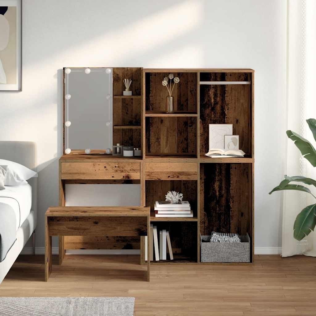 vidaXL Schlafzimmer-Set Schminktisch-Set mit LED-Leuchten Altholz-Optik Holzwerkstoff