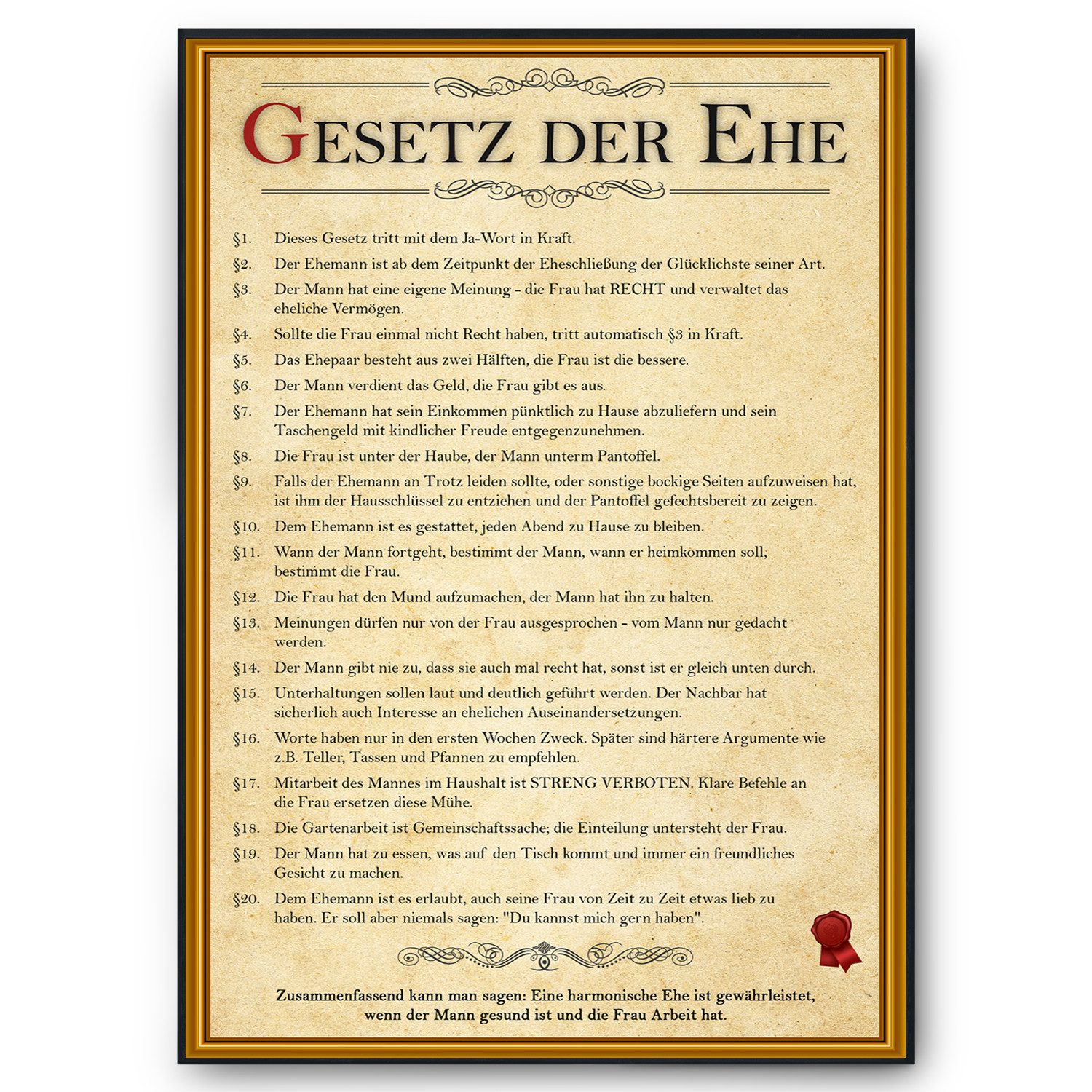 Tigerlino Poster Ehegesetz Hochzeitsgeschenk Ehepaar Hochzeitstag Geschenk günstig online kaufen