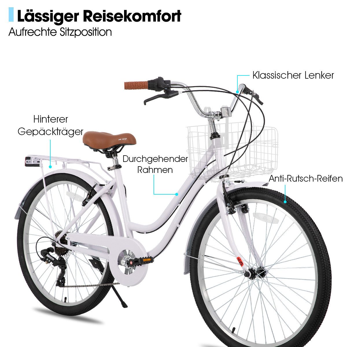 HILAND Cityrad 26 Zoll Beach Cruiser Bike für Männer und Frauen, Step-Through Rahmen, Step-Through Rahmen mit Gepäckträger und Korb,7 Gang