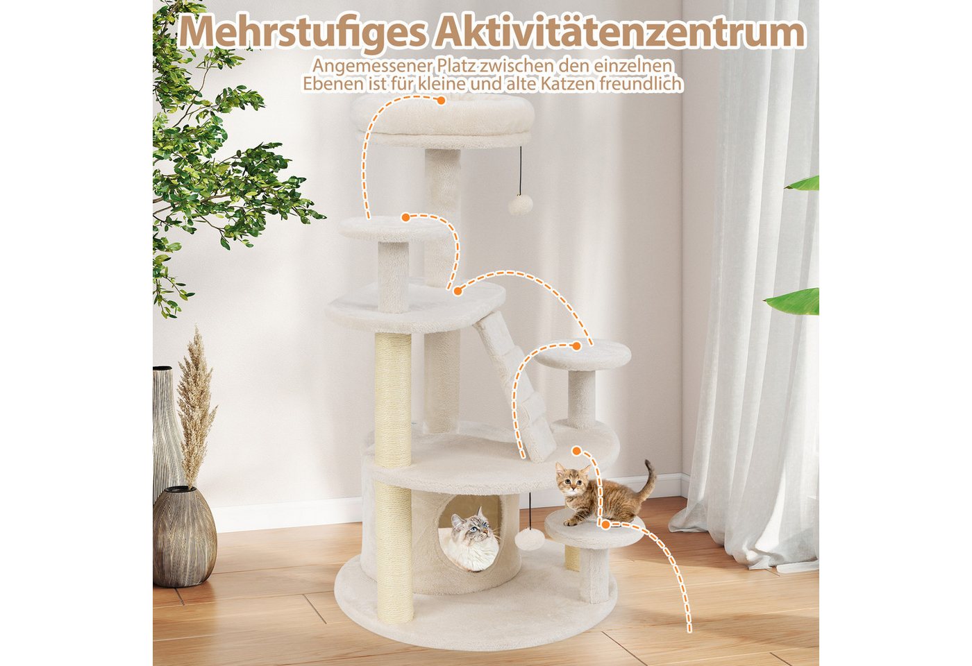 Thumbnail - KOMFOTTEU Kratzbaum, Katzenturm Katzenmöbel mit 3 Juteseil-Kratzsäulen