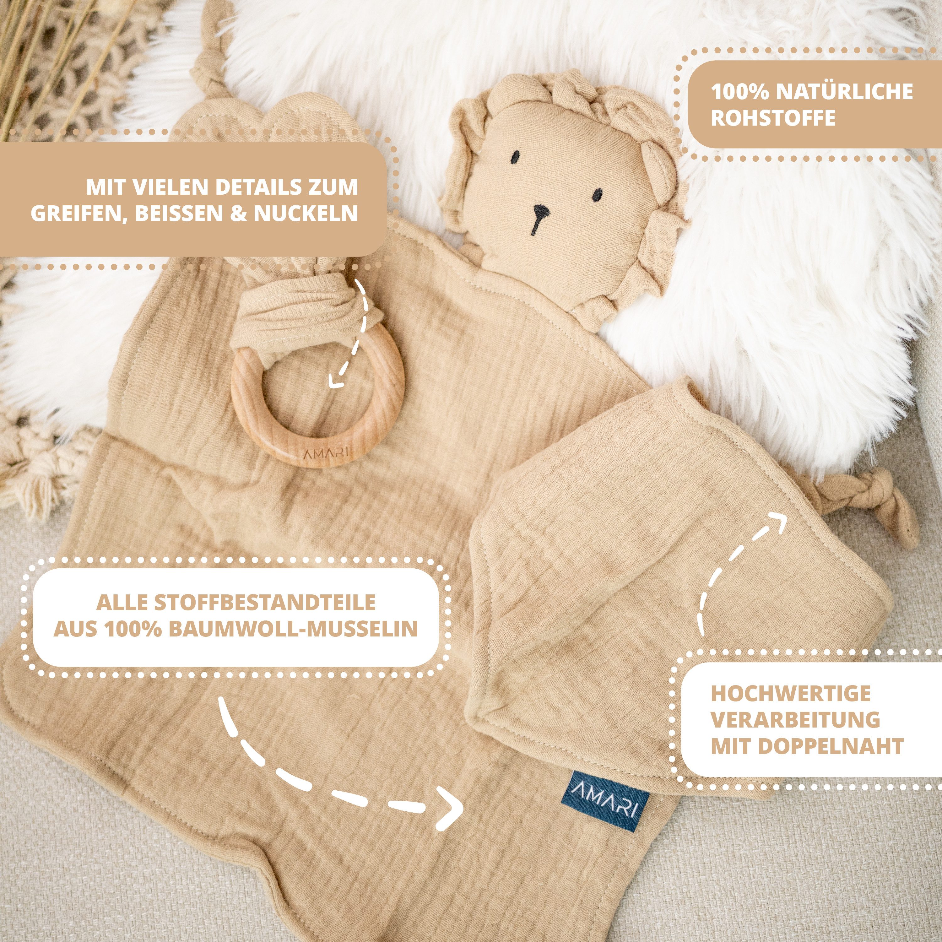 Amari Schmusetuch AMARI ® Schmusetuch mit Beißring und Lätzchen