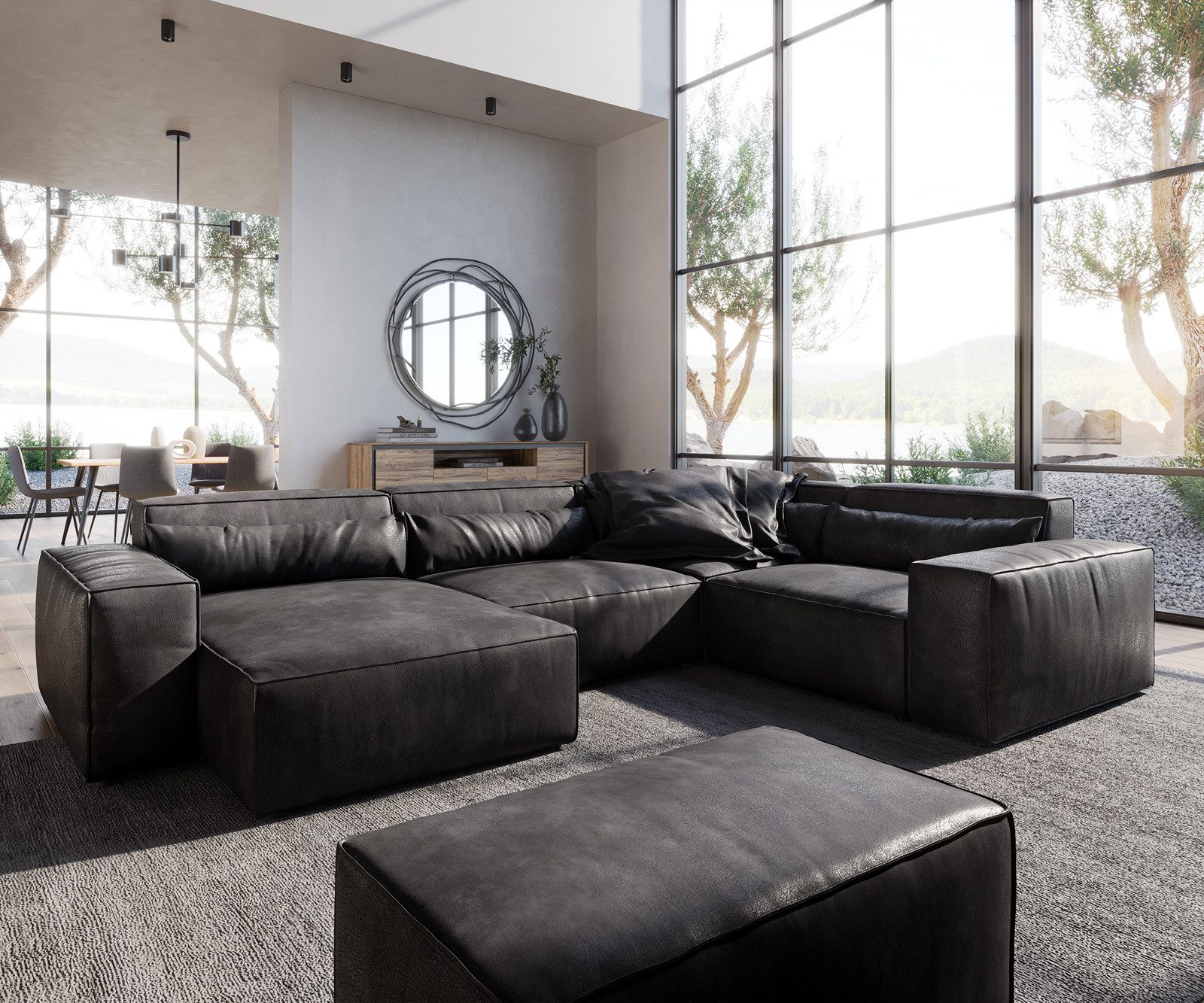 DELIFE Wohnlandschaft Sirpio, Lederimitat Vintage Anthrazit 300x210 cm Recamiere variabel mit Hocker