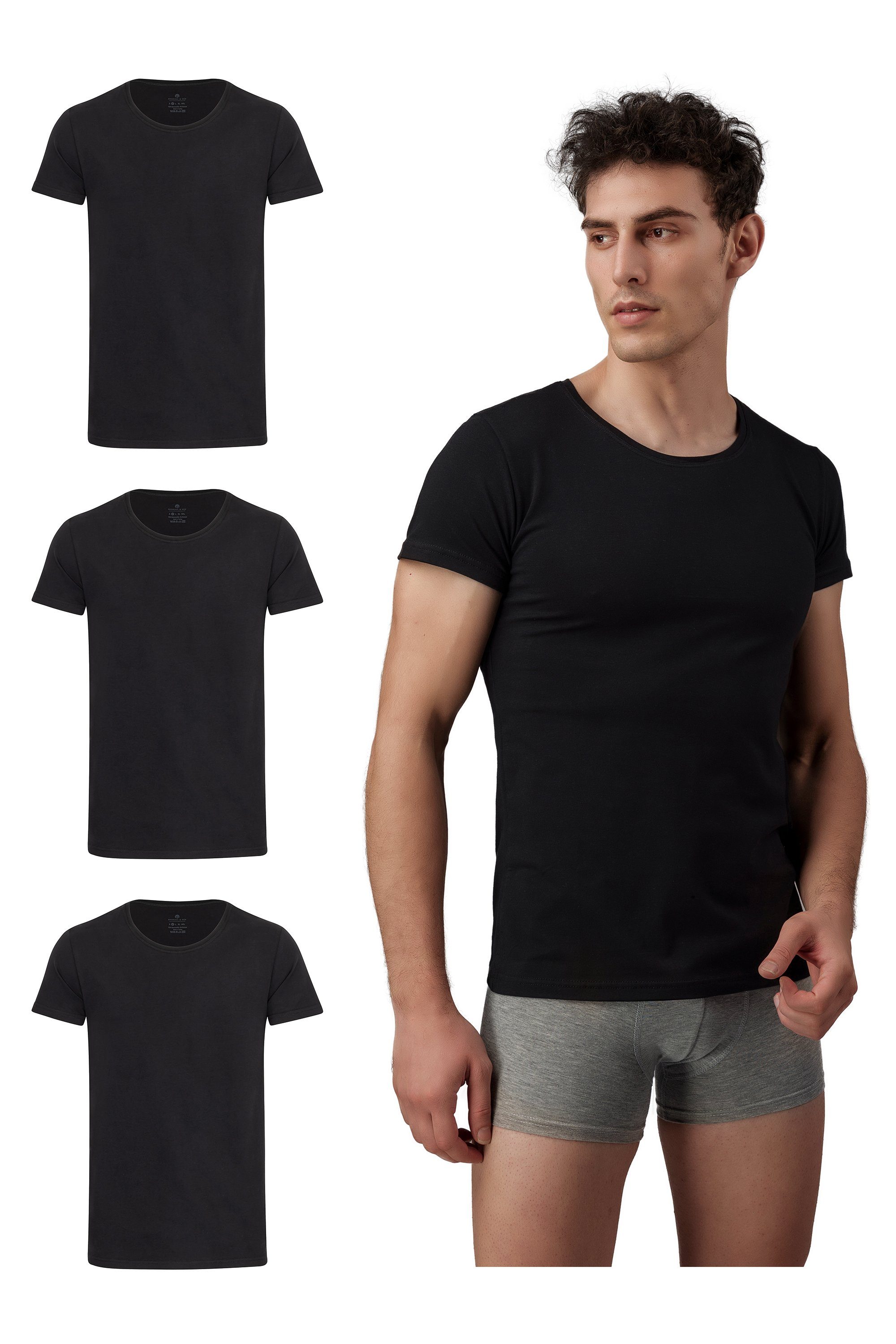 Burnell & Son Unterziehshirt Unterhemd T-Shirt mit Kurzarm und Rundhals für Herren aus Baumwolle (Packung, 3-St., 3er-Pack) Feinripp Schwarz