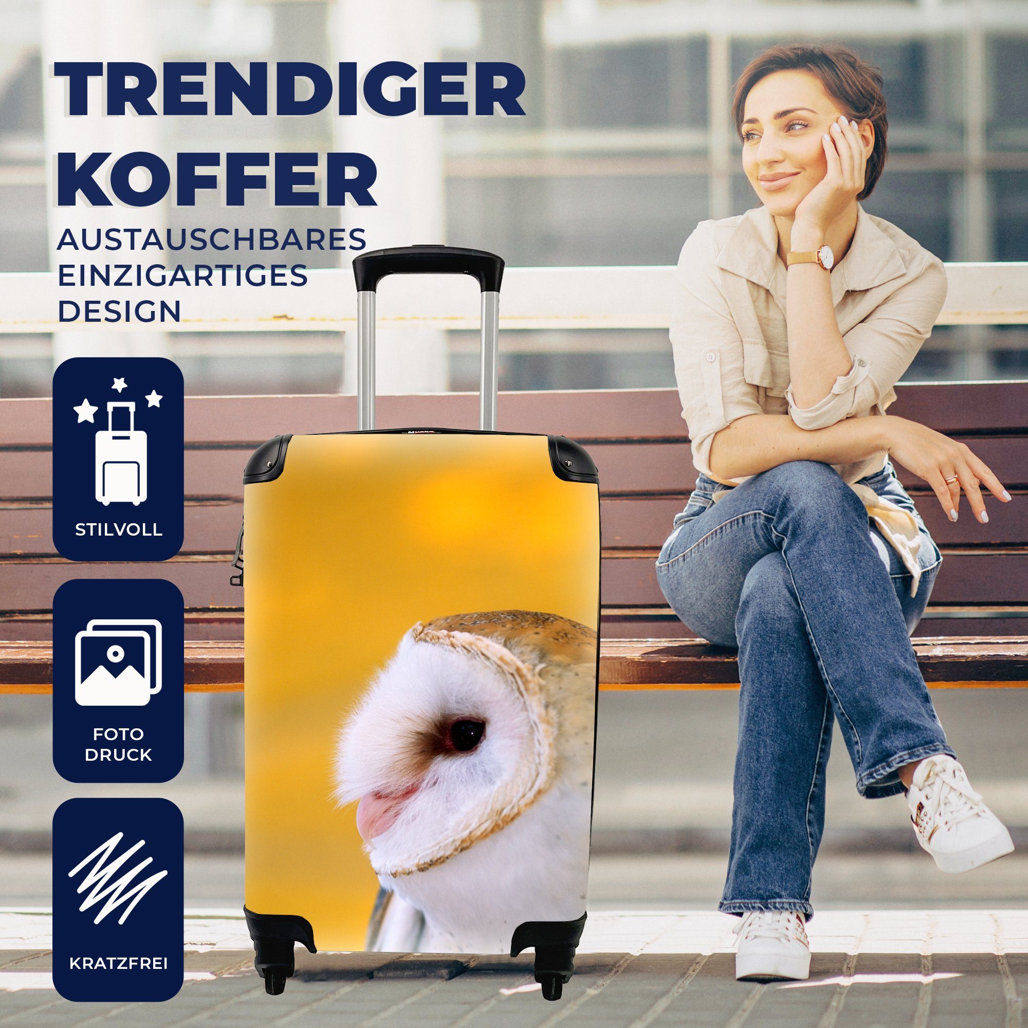 Eule Reisetasche für 4 Tier, Trolley, Gelb mit - Ferien, Rollen, Handgepäck rollen, Handgepäckkoffer MuchoWow Reisekoffer -