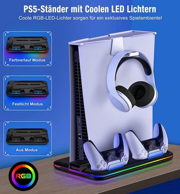 HYTIREBY PS5 Ständer mit PS5 Lüfter, PS5 Standfuß für PS5 Disc/Digital Edition Playstation-Halterung, (Mit PS5 Controller Ladestation/Headset Halterung/6 Spiele Lagerung)
