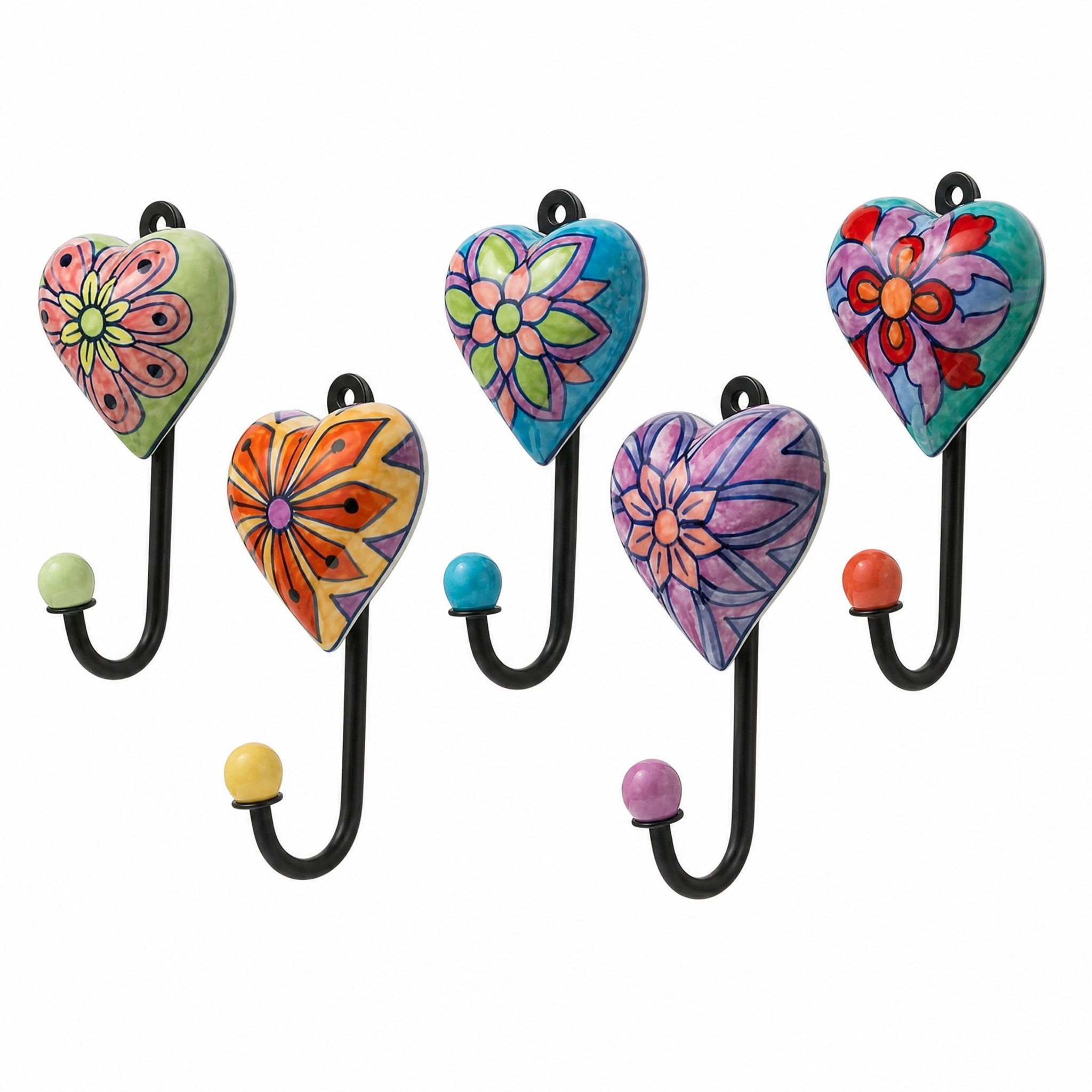LK Trend & Style Garderobenhalter Dekorative Wandhaken Set, Herz-Design mit Blumenmuster (2 St), Keramik und Metall, lackierte Oberfläche