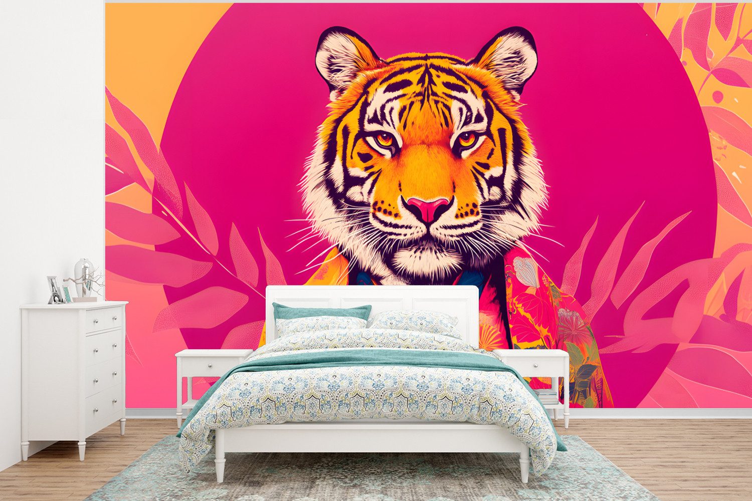 MuchoWow Fototapete Tiger - Kimono - Pflanzen - Rosa, Matt, bedruckt, Vliestapete für Wohnzimmer Schlafzimmer Küche, Fototapete, 350x260 cm
