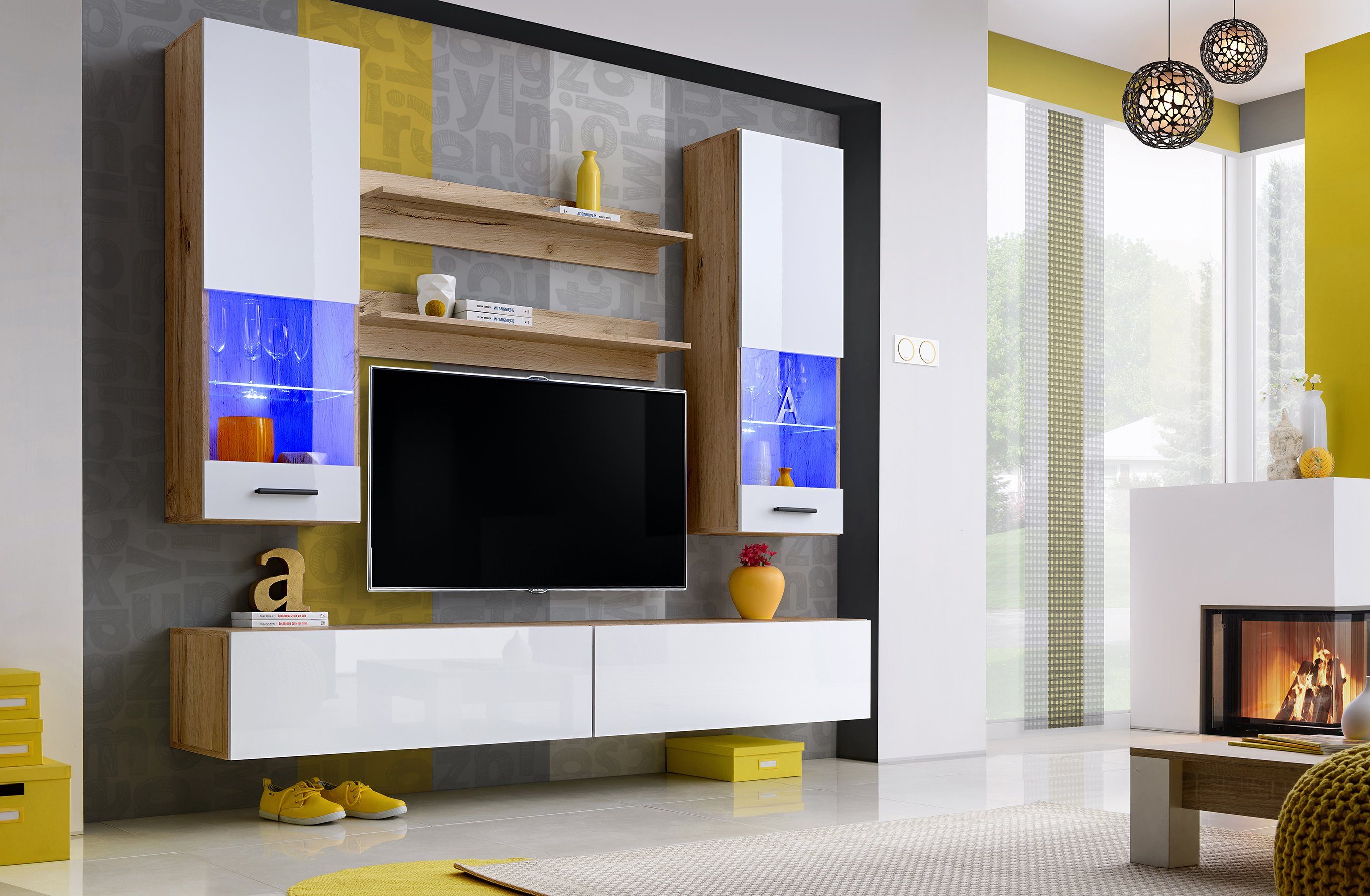 Stylefy Wohnwand Eaton I, (Wohnmöbel, Wohnzimmer-Set, Set (6-St), bestehend aus 2xHängevitrine, 2xLowboard, 2xWandregal, wahlweise mit LED-Beleuchtung, mit Glaseinsatz, variabel hängbar, Modern Design Wotan Eiche - Weiß Hochglanz