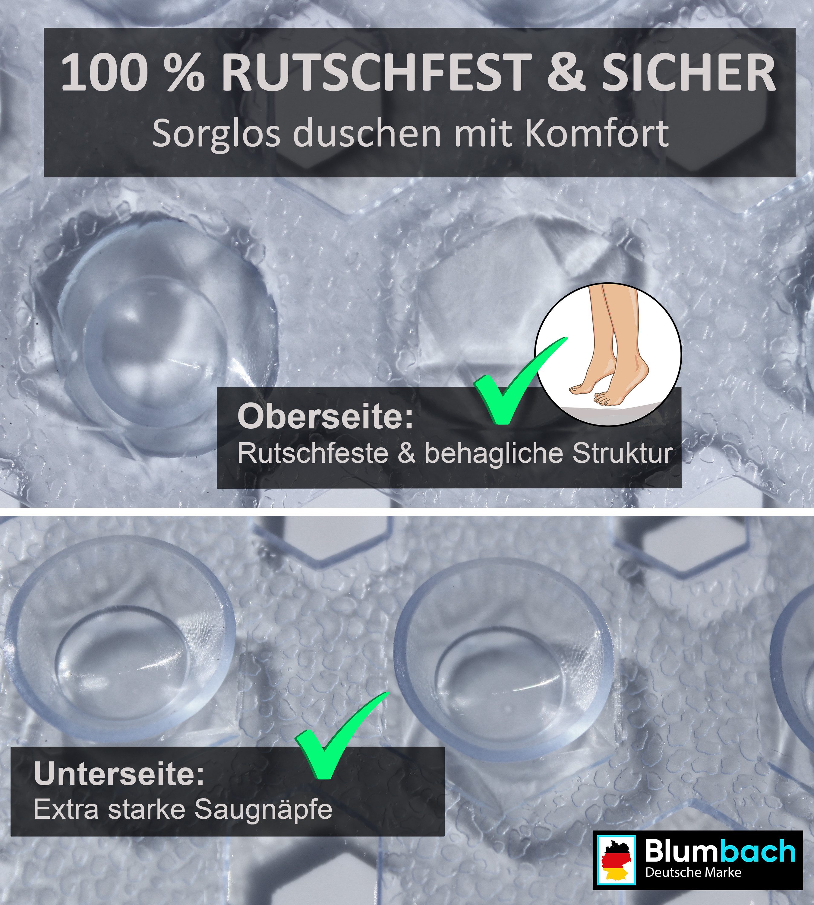 Blumbach Wanneneinlage Badewannenmatte rutschfest, Packung, inklusive 2 Klebehaken, rutschhemmend, mit Saugnäpfen, pflegeleicht