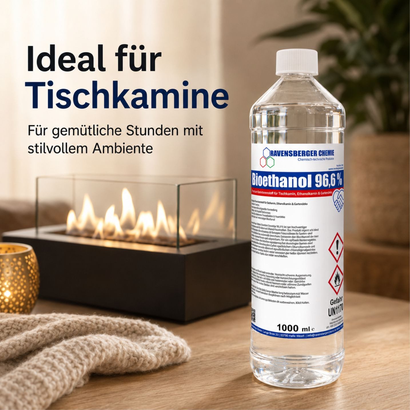 Ravensberger Chemie Bioethanol 96,6 % Premium Kaminbrennstoff für Tischkamin Ethanol Kamin, 1 l, Premium Bioethanol 96,6 % für Tischkamin & Ethanolkamin - 1L