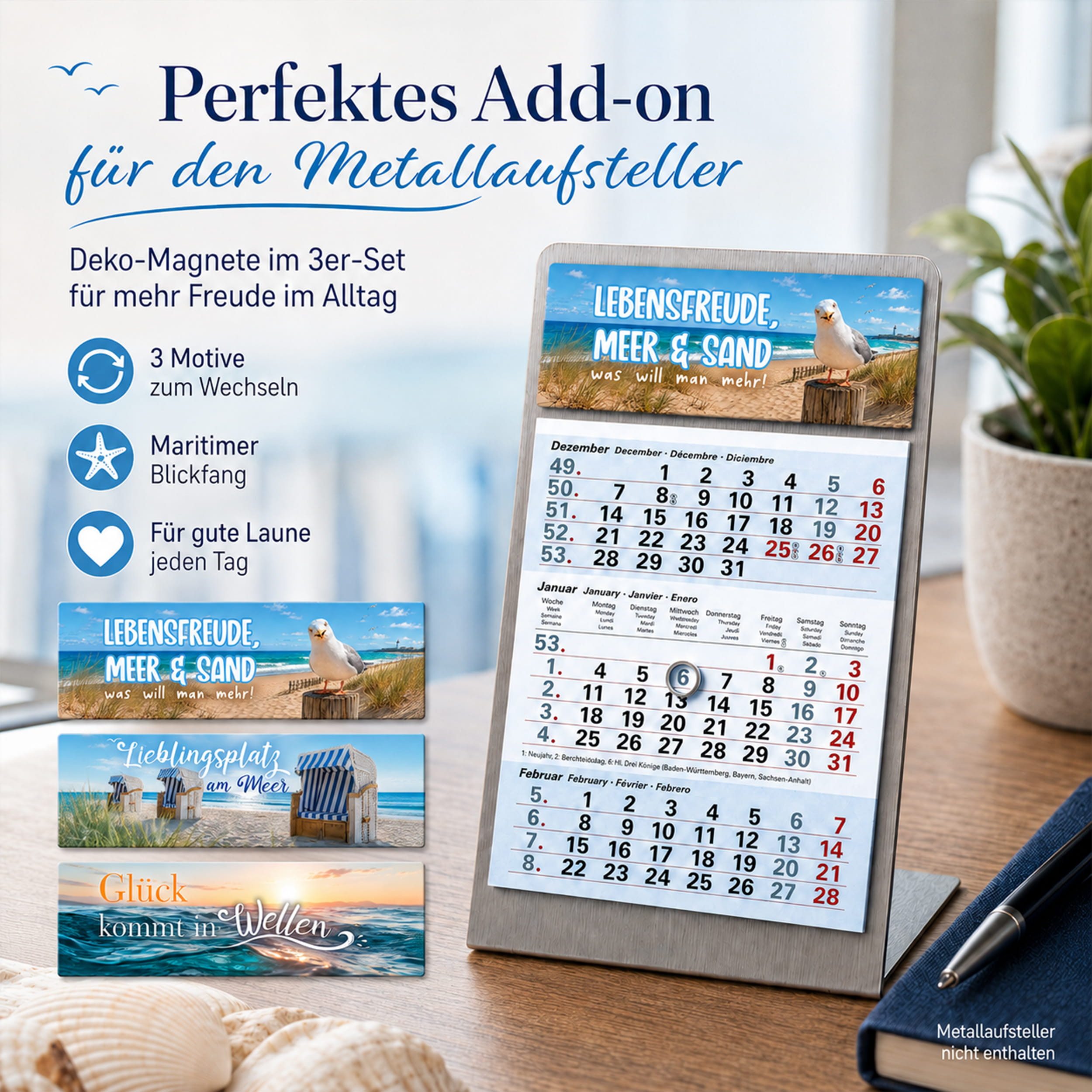 TOBJA Tischkalender Deko-Magnete 3er Set Meer für Tischkalender & Kühlschrank, 3 Magnetstreifen, Sprüche, für Kühlschrank & Tafel, Geschenkidee