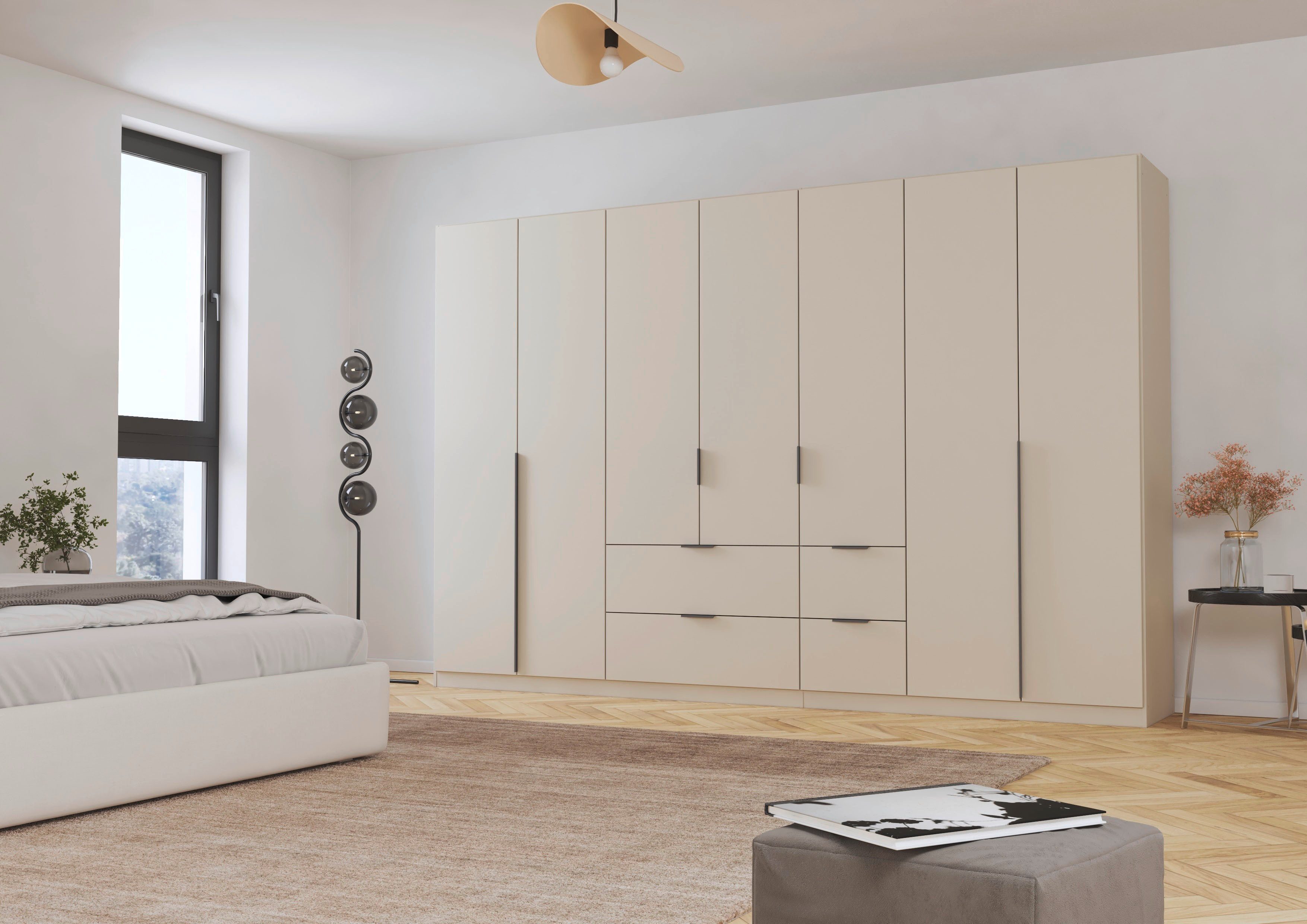 OTTO home Drehtürenschrank Kleiderschrank Schrank Garderobe AGORDO mit Dekor- oder Hochglanzfront (in zwei Griff-Farben, Breite 315 cm) mit Außenschubkästen, Serie in 7 Breiten und 2 Höhen MADE IN GERMANY