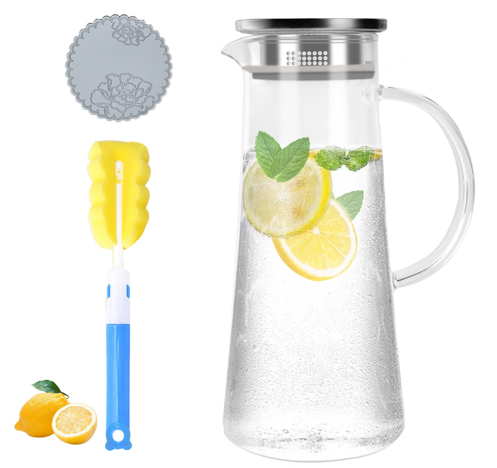 ElitVita Wasserkaraffe 1,5L Glaskaraffe, mit Edelstahldeckel, Griffen, Filter, -30°C~150°C, (1-tlg), Karaffe für heißes/kaltes Wasser Eistee Saft Getränke Wein