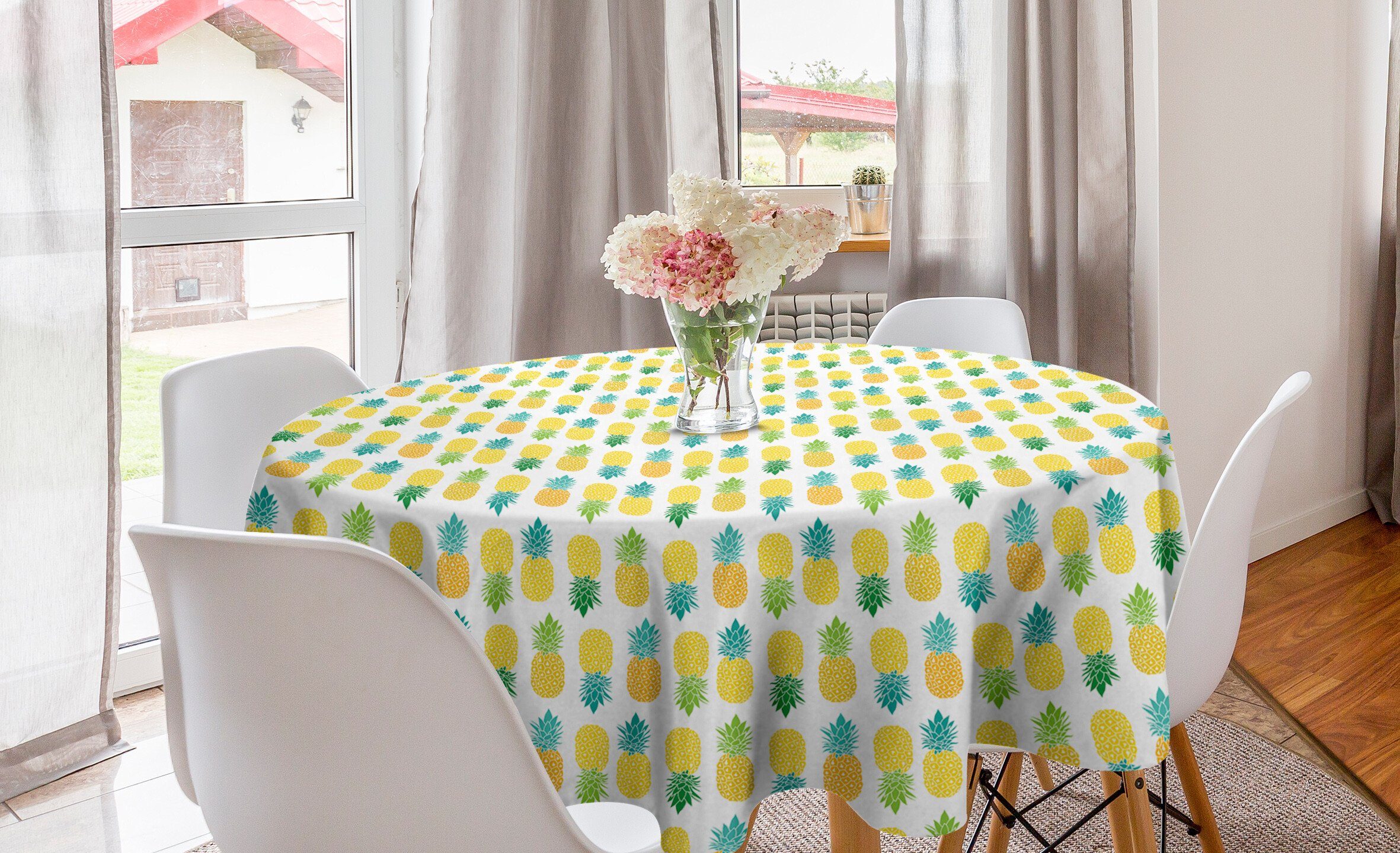 Abakuhaus Tischdecke Kreis Tischdecke Abdeckung für Esszimmer Küche Dekoration, Grün und Gelb Hawaii-Laub