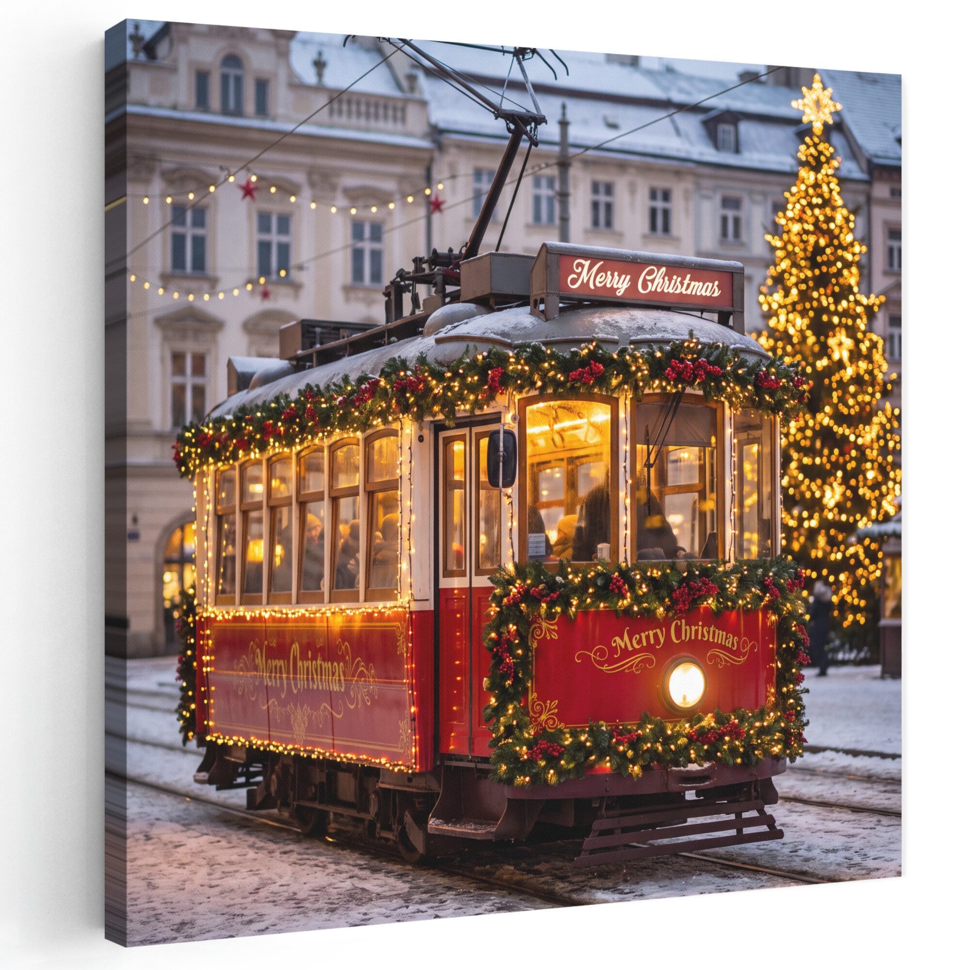 OneMillionCanvasses® Leinwandbild Straßenbahn – Weihnachten – Schnee, Fotodruck (1 St), Wandbild, Deko Schlafzimmer Wohnzimmer Flur 20x20 cm