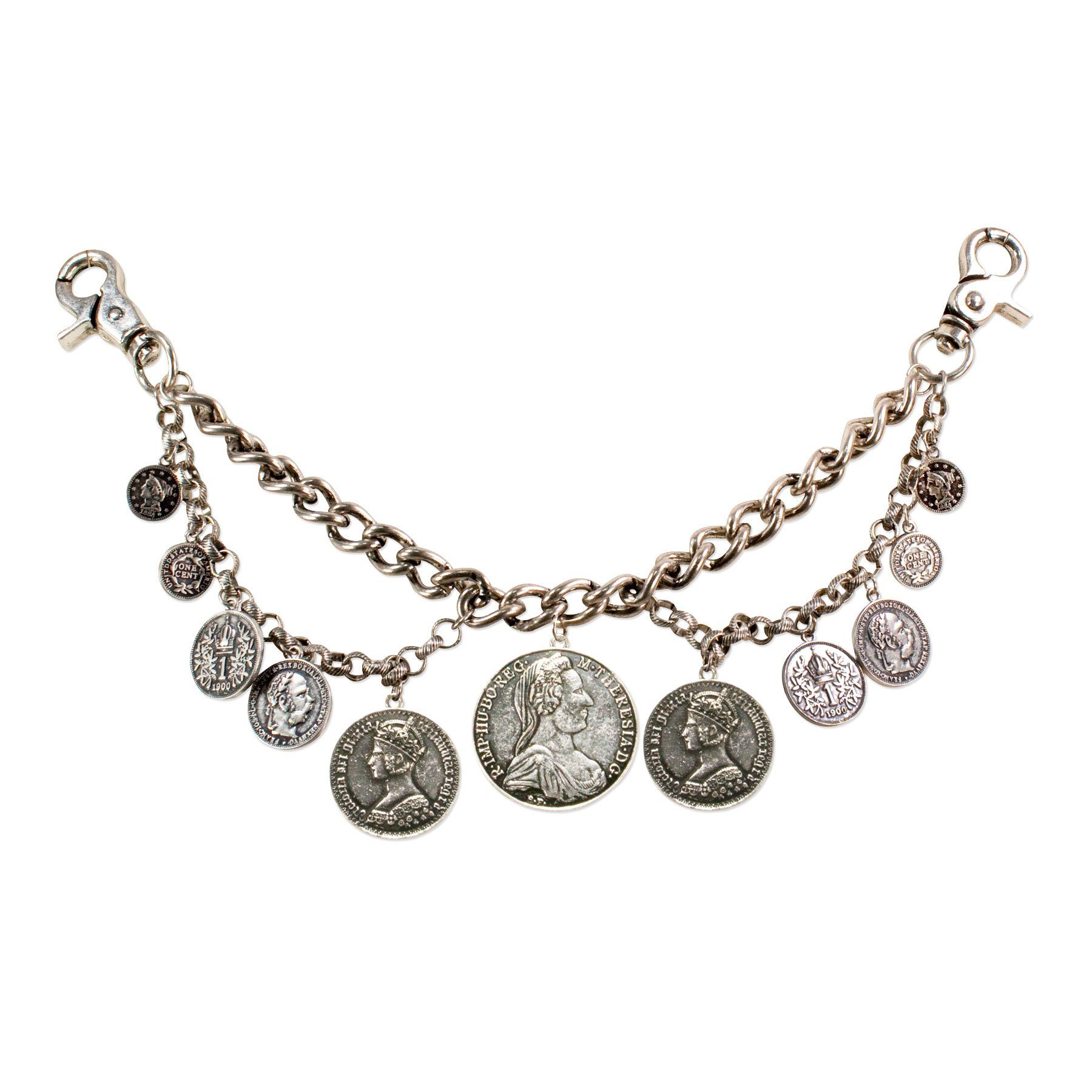 Alpenflüstern Kette (antik-silber-farben), die Hochwertiger Herren-Trachtenschmuck - mit Münz-Anhängern mit Lederhose Münzen für Trachten-Charivari Anhänger