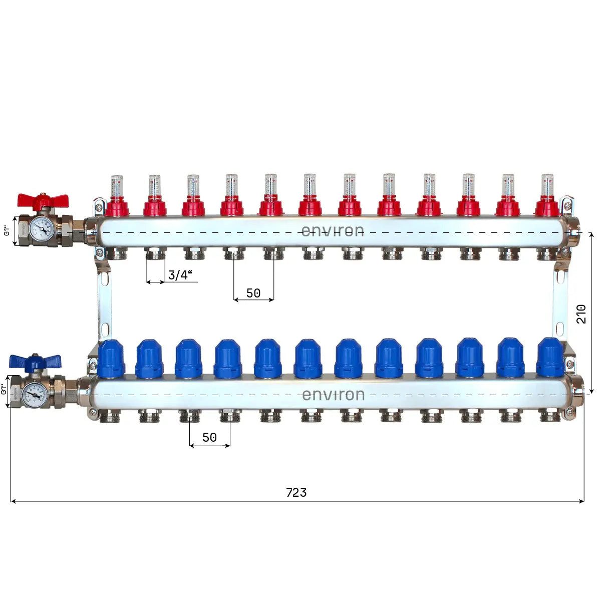 Environ Fußbodenheizung Edelstahl Heizkreisverteiler 2 - 12 fach mit Kugelhahn-Anschluss-Set -
