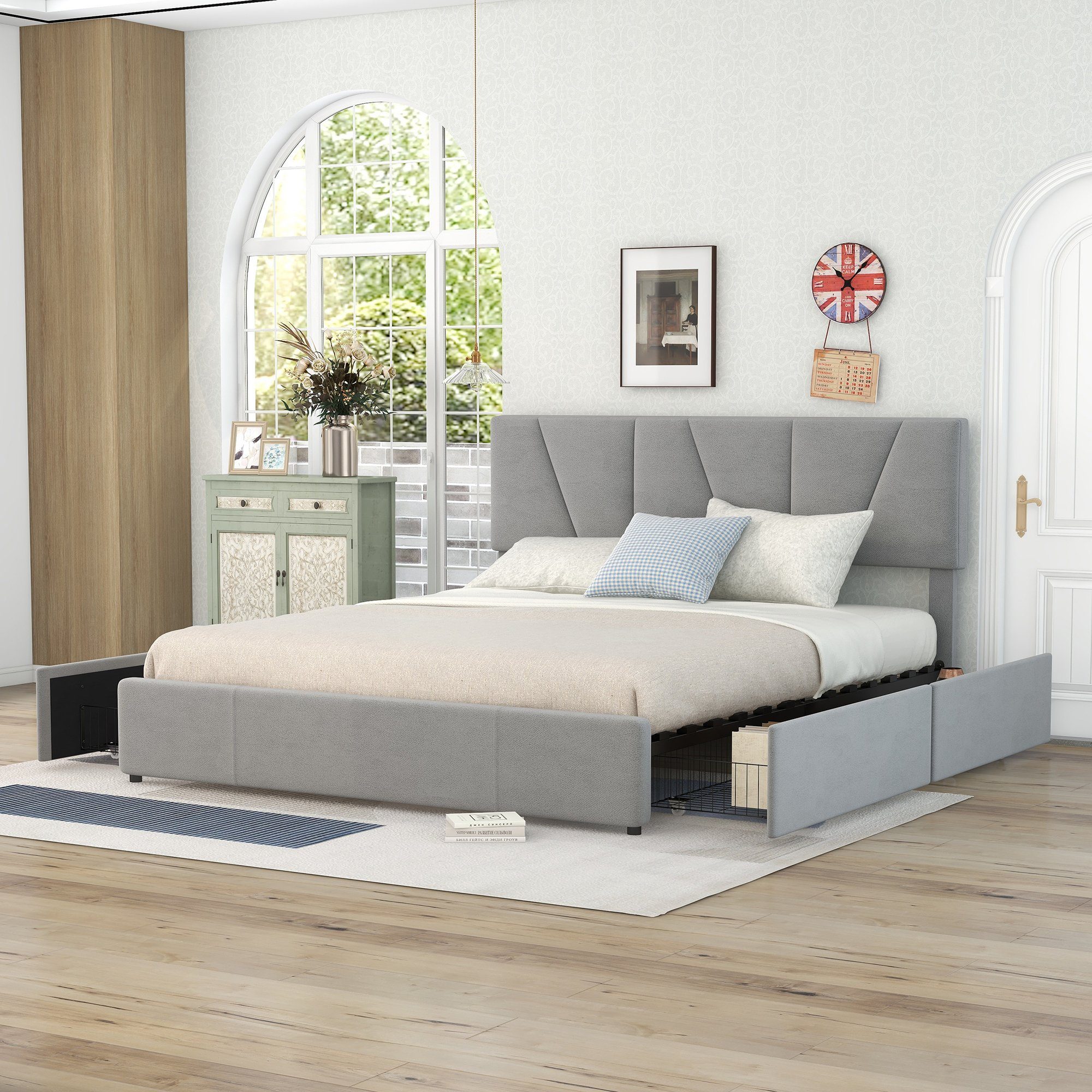 OKWISH Bett Double Size Polster Plattform Bett, gepolstertes Bett (mit vier Schubladen auf zwei Seiten,Verstellbares Kopfteil, 160 x 200 cm), Ohne Matratze grau