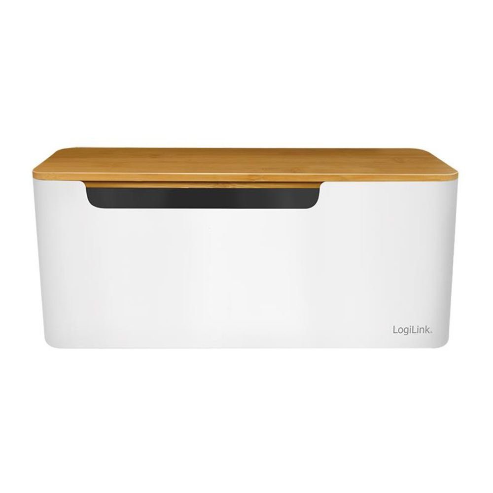 LogiLink Kabelbox KAB0075, 320 x 140 x 130 mm, mit Bambus-Deckel, Kabelschutz, Steckdosenschutz, Kabelmanagement, für Steckdosenleiste und Kabel, Weiß