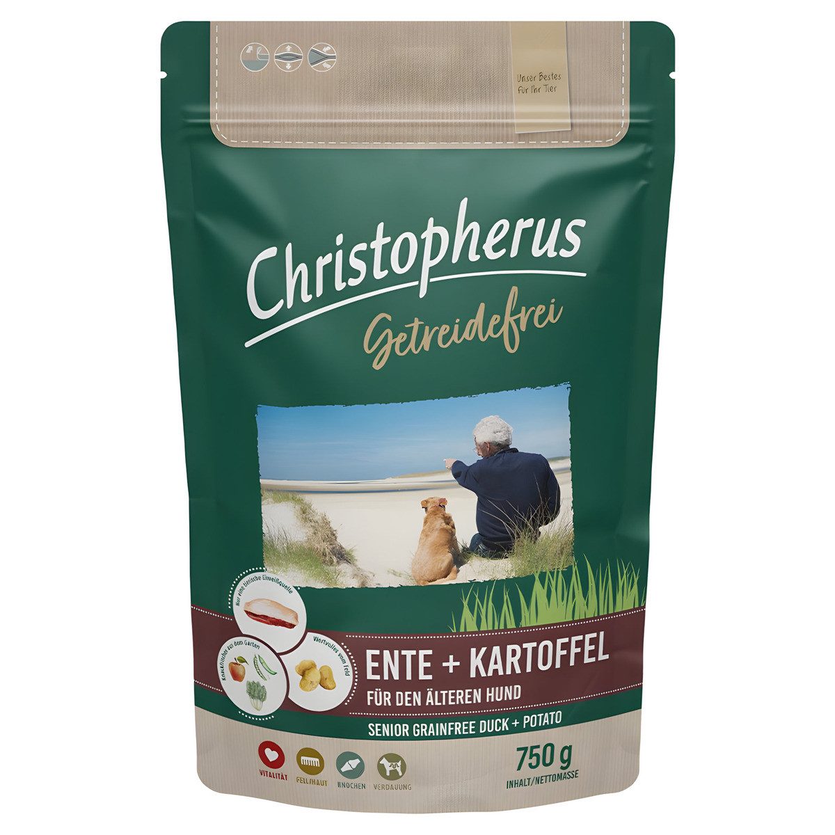 Christopherus Getreidefrei Älterer Hund Ente & Kartoffel 750 g, Trockenfutter für: Hund