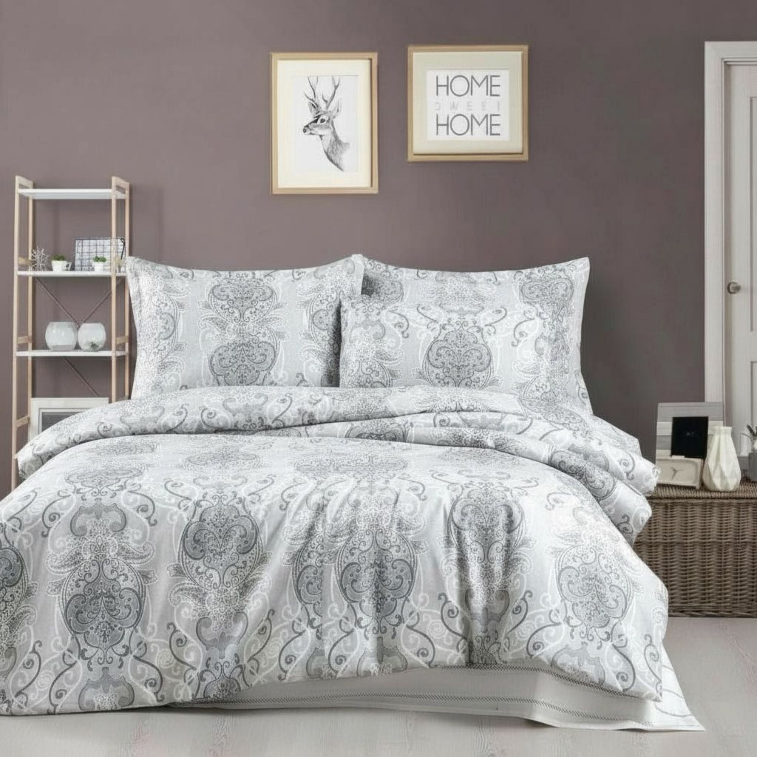 ZIRVEHOME Bettwäsche Baumwolle Bettbezug Grau-Weiß Ornamental Elegantes Barockmuster Daria, Renforce, 2 teilig, Baumwolle Bettbezug Grau-Weiß Ornamental Elegantes Barockmuster