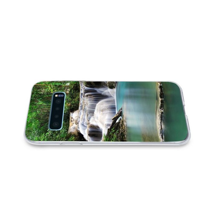 MuchoWow Handyhülle Ein Wasserfall mit Bäumen im Erawan-Nationalpark in Thailand Phone Case Handyhülle Samsung Galaxy S10+ Silikon Schutzhülle FN11390