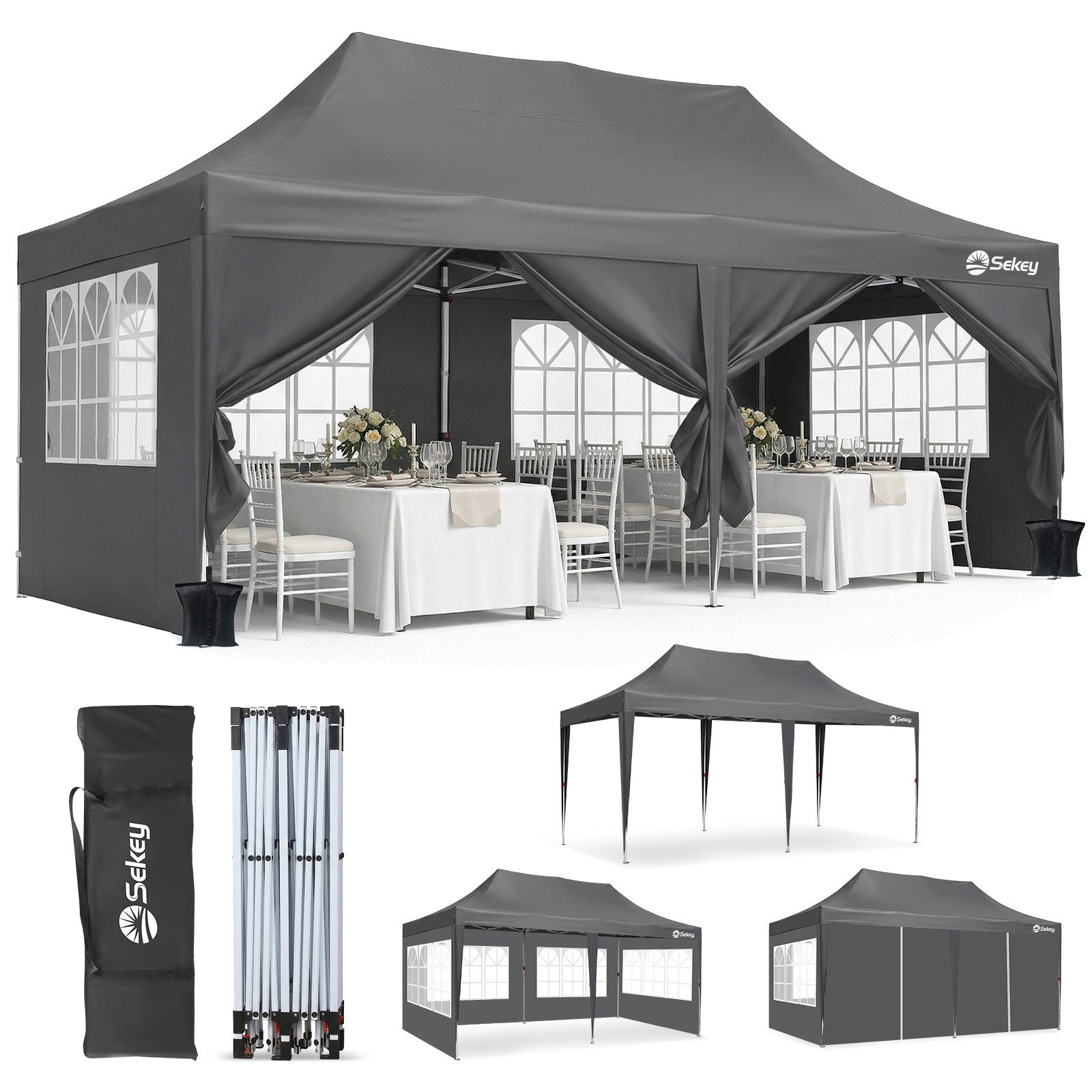 Sekey Faltpavillon Pavillons 3x6 m Partyzelte Gartenzelt Festzelt, Gartenpavillon mit 4 Seitenteilen und 2 Eingängen, Wasserdicht & UV50+