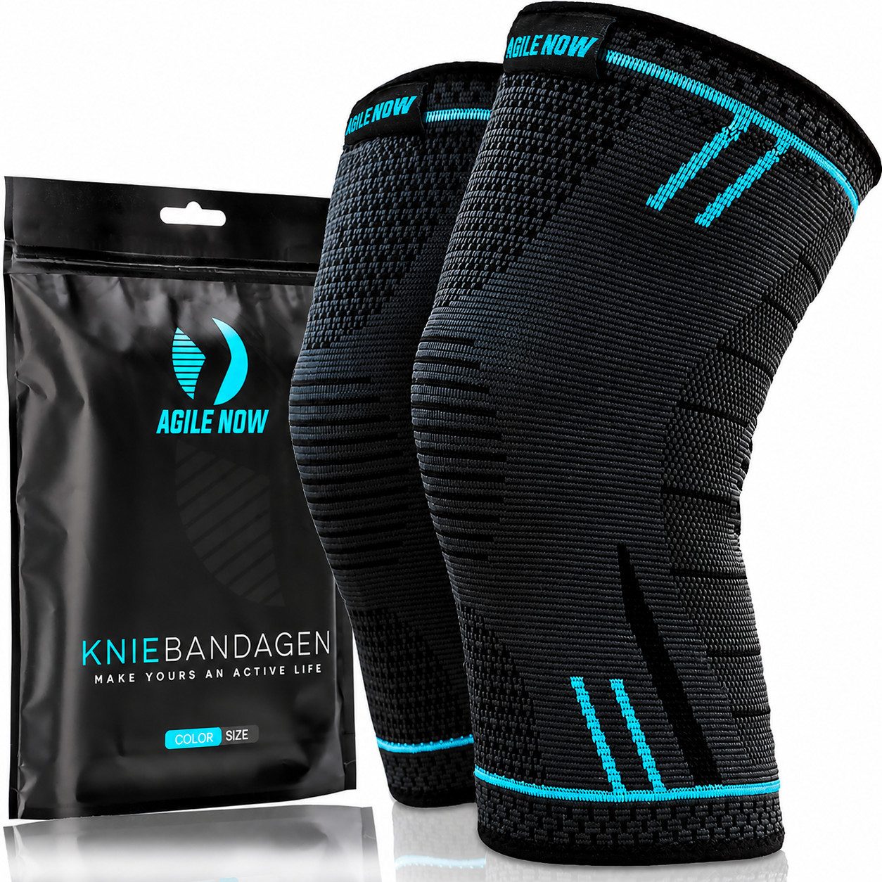AGILE NOW Kniebandage Hochwertige Kniebandage Herren & Damen (Paar) (Elastische Kniestütze für Sport & Fitness, Knie Bandage Paar, Blau XL), Atmungsaktiv & Rutschfest, Kniebandagen (Paar)